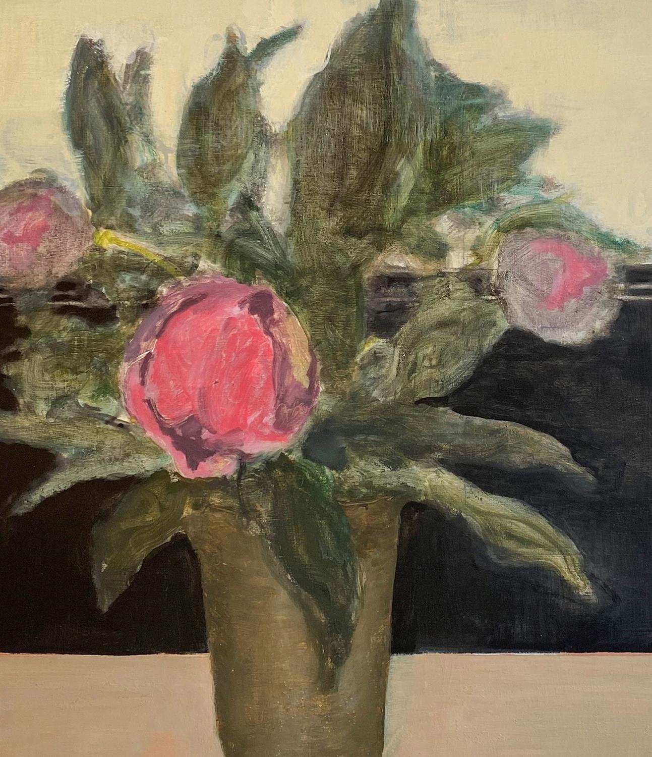 Vaso alla finestra (natura morta floreale impressionista di fiori di peonia rosa magenta in un vaso su una finestra in bianco sporco) di David Konigsberg
olio su pannello
50 x 36 x 1,5 pollici
Non è necessaria una cornice: il quadro è cablato sul