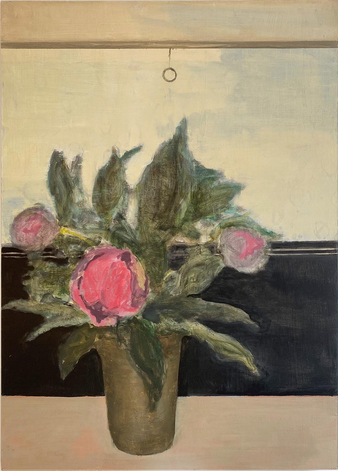 Vase in the Window (Impressionist Floral Still Life Painting of Pink Peonies)