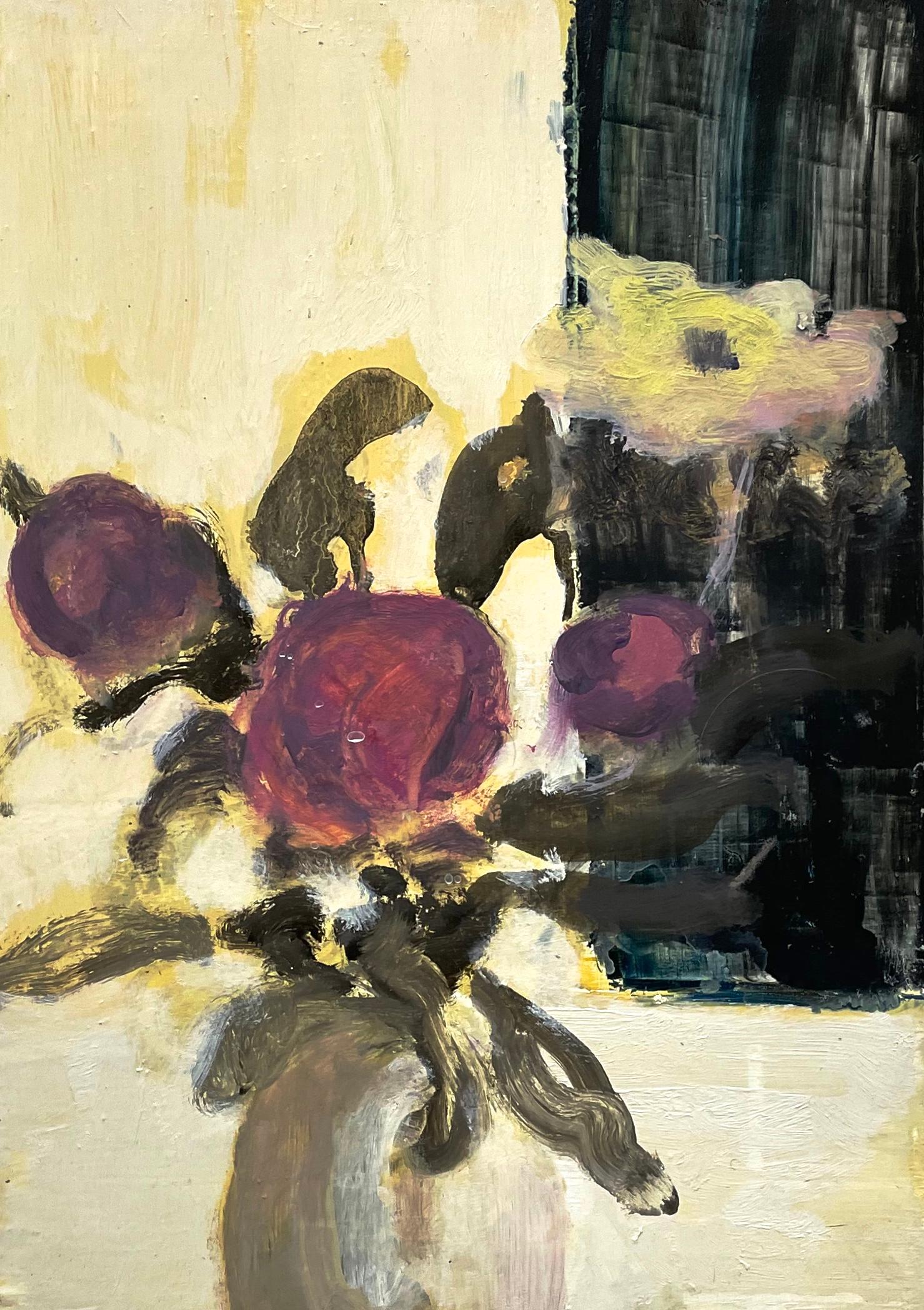 David Konigsberg Still-Life Painting - Vase of Buds, Botanical Still Life Painting, Flowers in Mauve, Pale Yellow