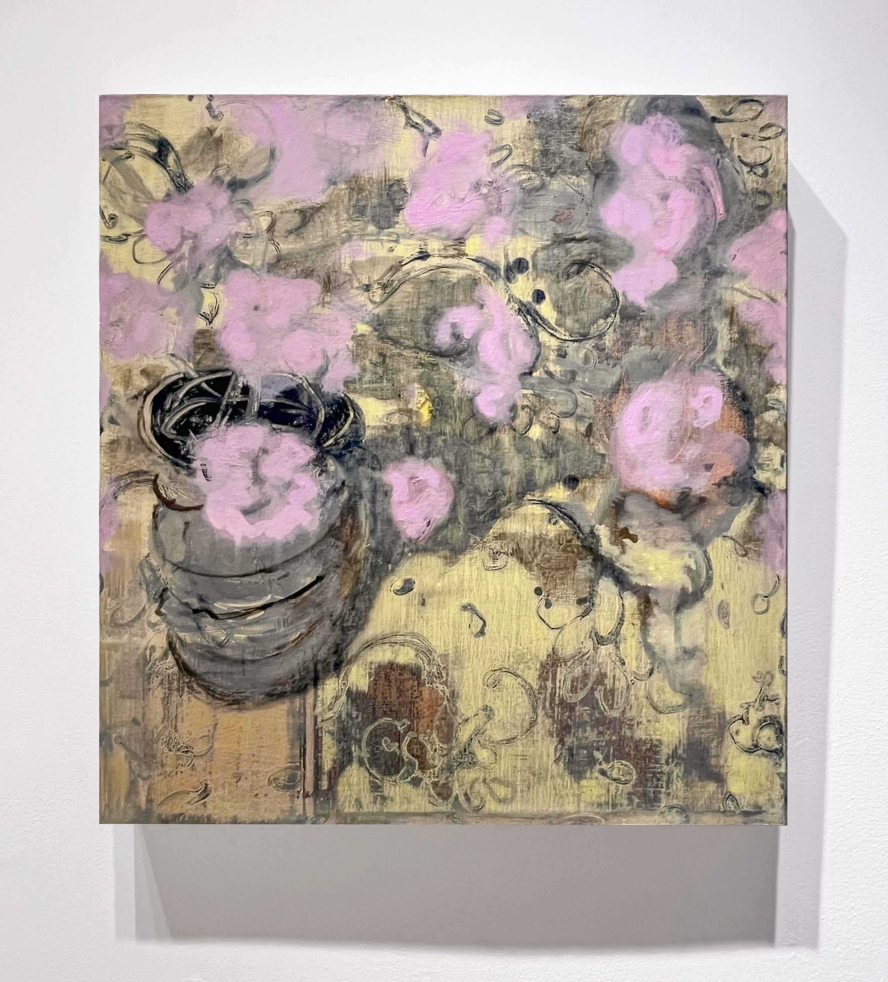 Vase de roses (Nature morte abstraite de fleurs violettes et roses) - Painting de David Konigsberg