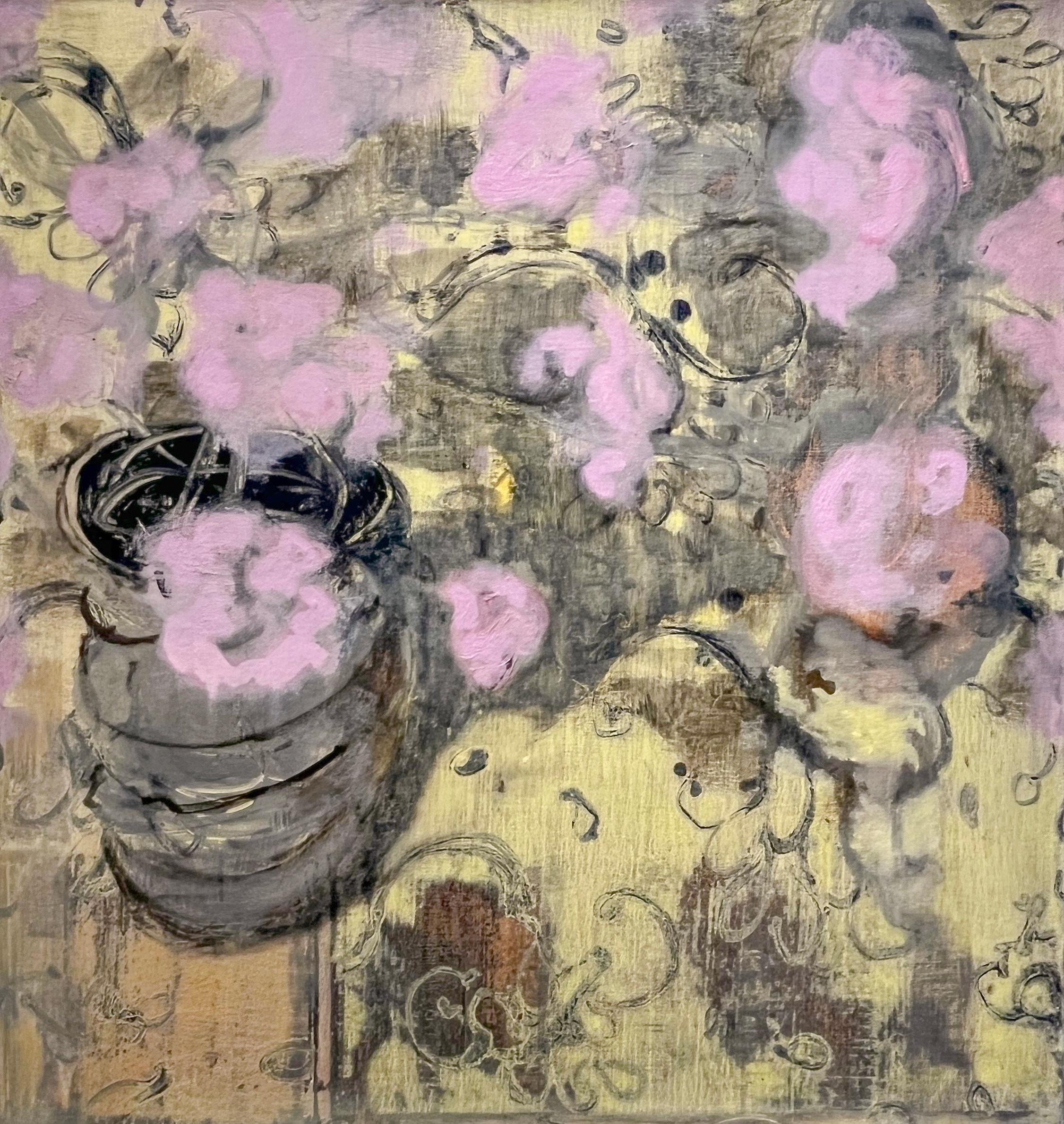 Still-Life Painting David Konigsberg - Vase de roses (Nature morte abstraite de fleurs violettes et roses)
