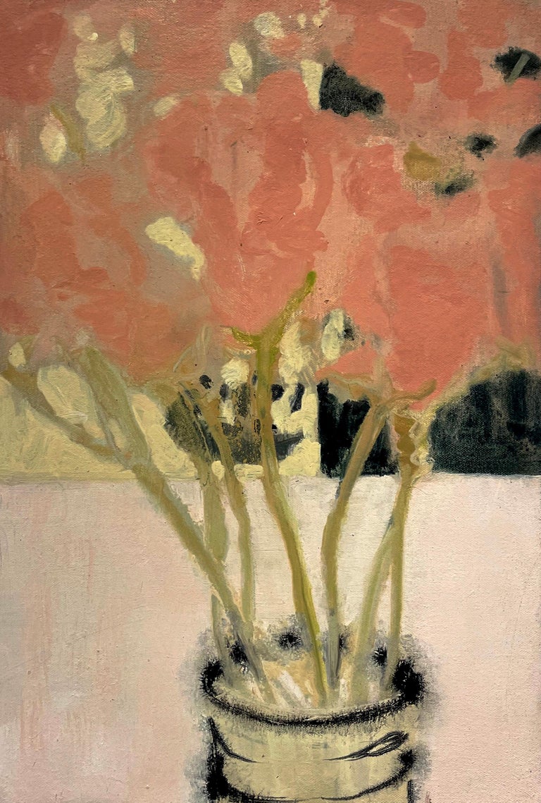 David Konigsberg Still-Life Painting - Vase of Pinks, Botanical Still Life Painting of Vase with Coral Pink Roses
