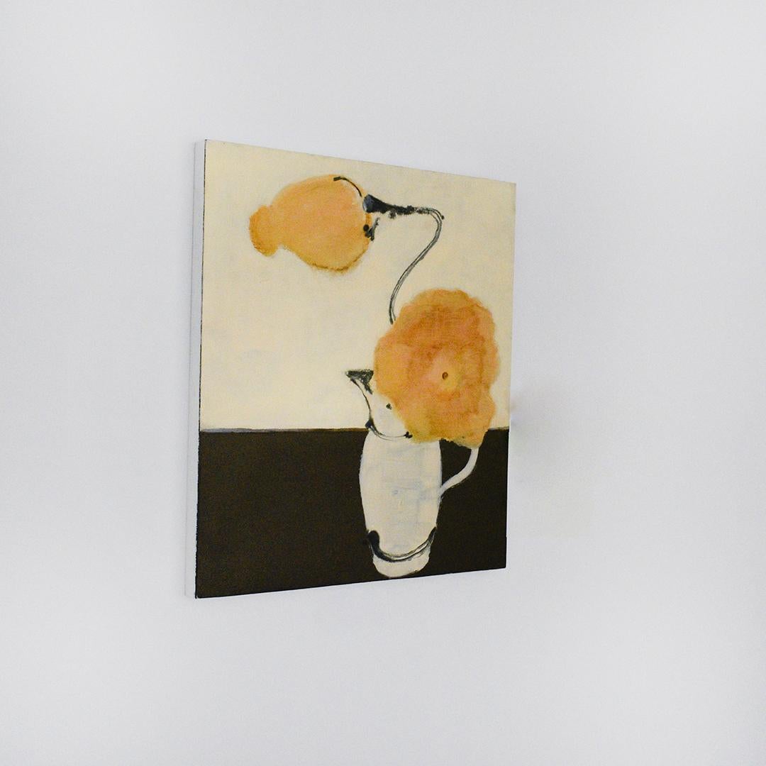 Impressionist style still life painting of yellow flowers in a white vase against an off-white and olive tabletop background
