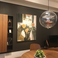 Vase with Zinnias - Contemporary Botanical Still Life Peach Flowers Black, 2017