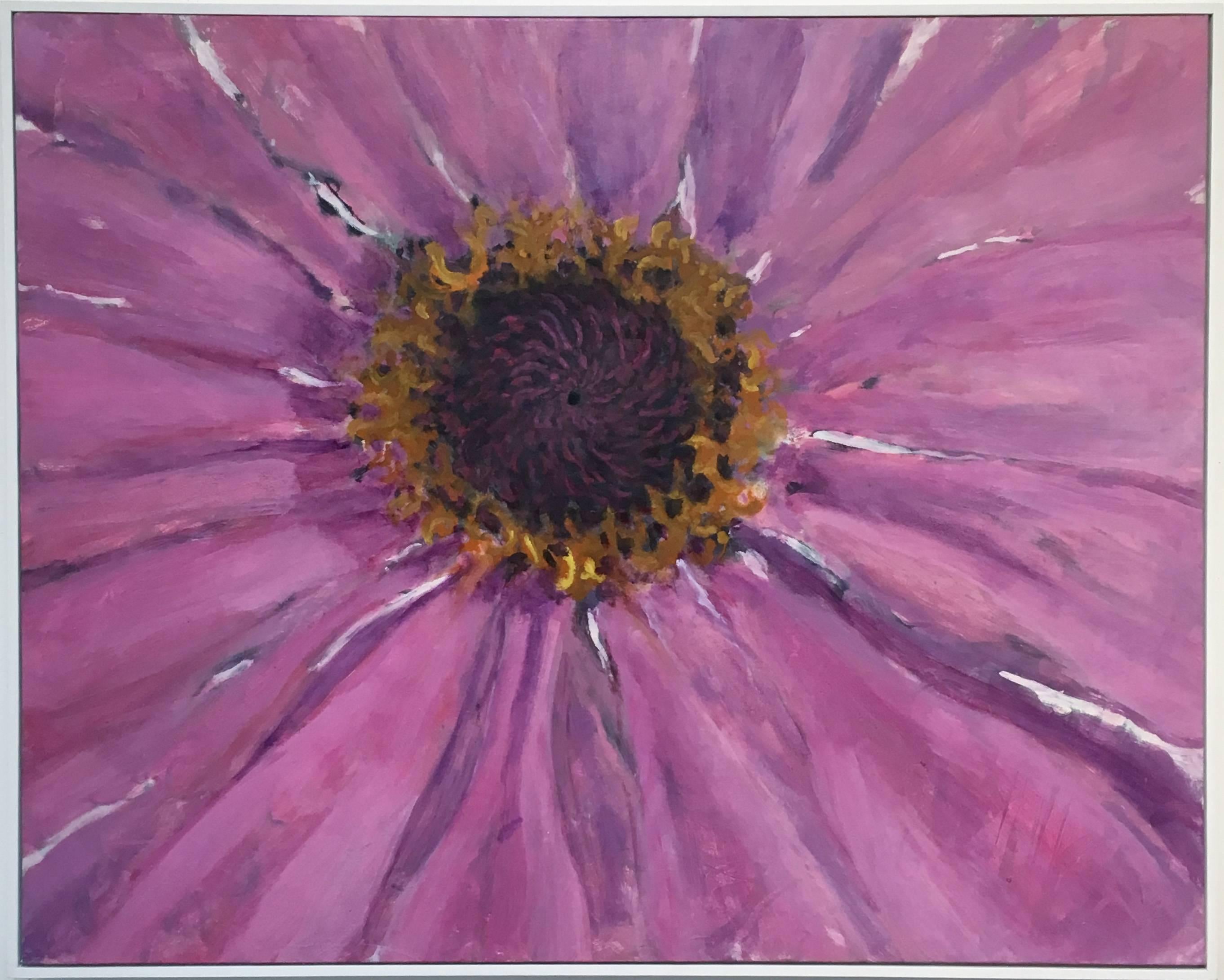 Zinnia violette (Véritable nature morte colorée contemporaine de simple fleur sur blanc) - Contemporain Painting par David Konigsberg