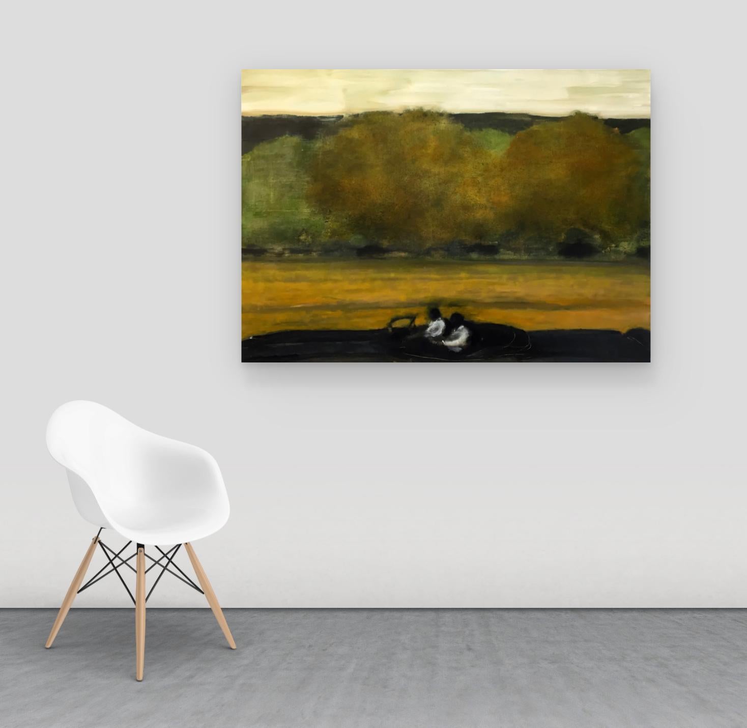 Wide Field, Landscape Painting of Two Figures in Car, Gold, Brown, Green Trees 7