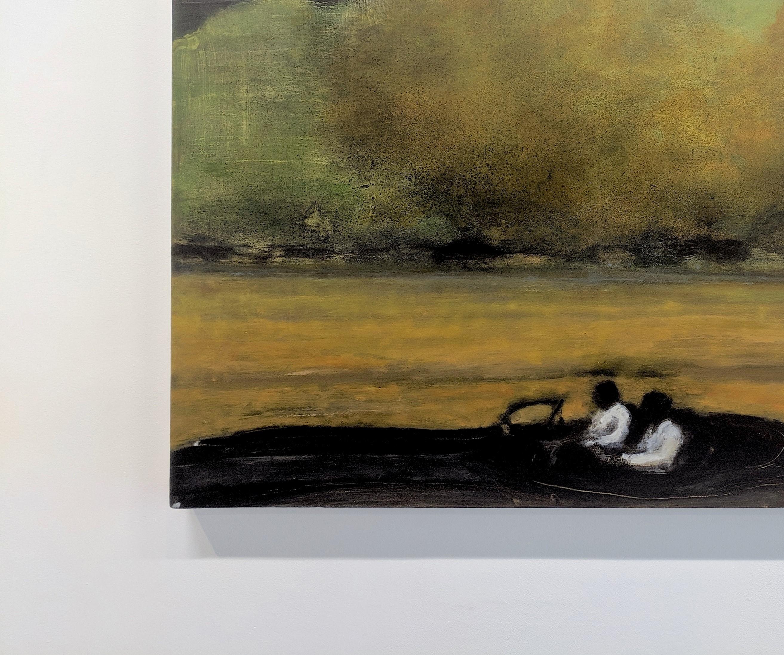 Wide Field, Landscape Painting of Two Figures in Car, Gold, Brown, Green Trees 2