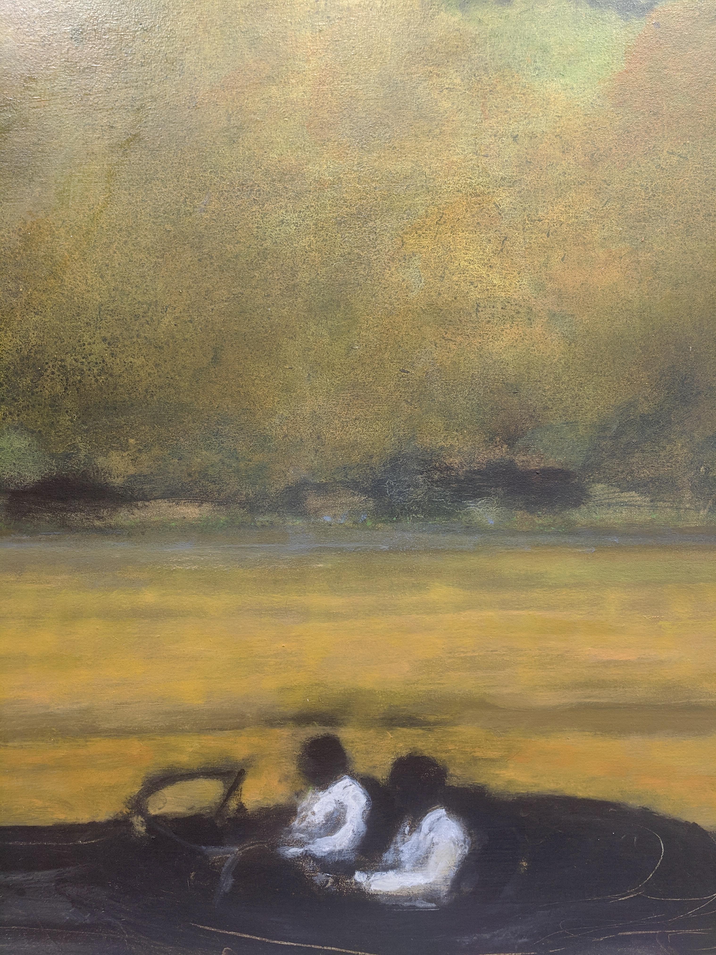 Wide Field, Landscape Painting of Two Figures in Car, Gold, Brown, Green Trees 4