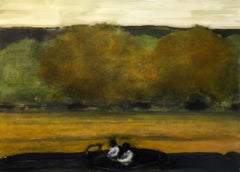 Wide Field, Landscape Painting of Two Figures in Car, Gold, Brown, Green Trees