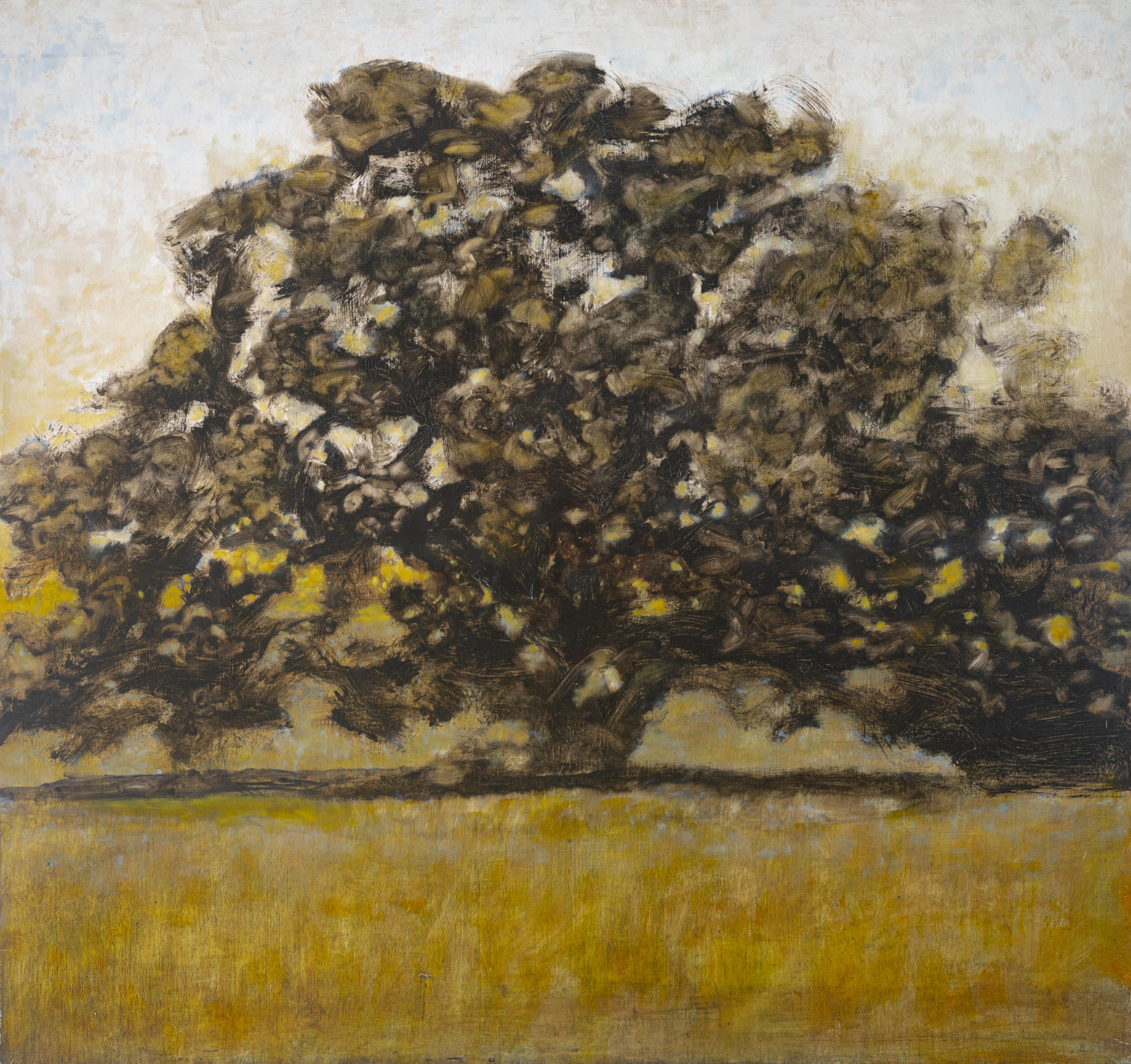 Wide Oak (Impressionist Landscape Painting on Panel of a Dark Green Oak Tree) 