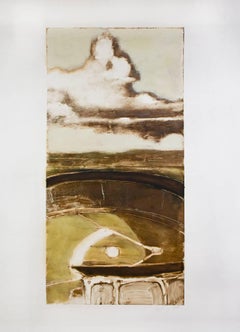 Ballpark: Vertical Abstracted Landscape Print of Green Baseball Field & Clouds