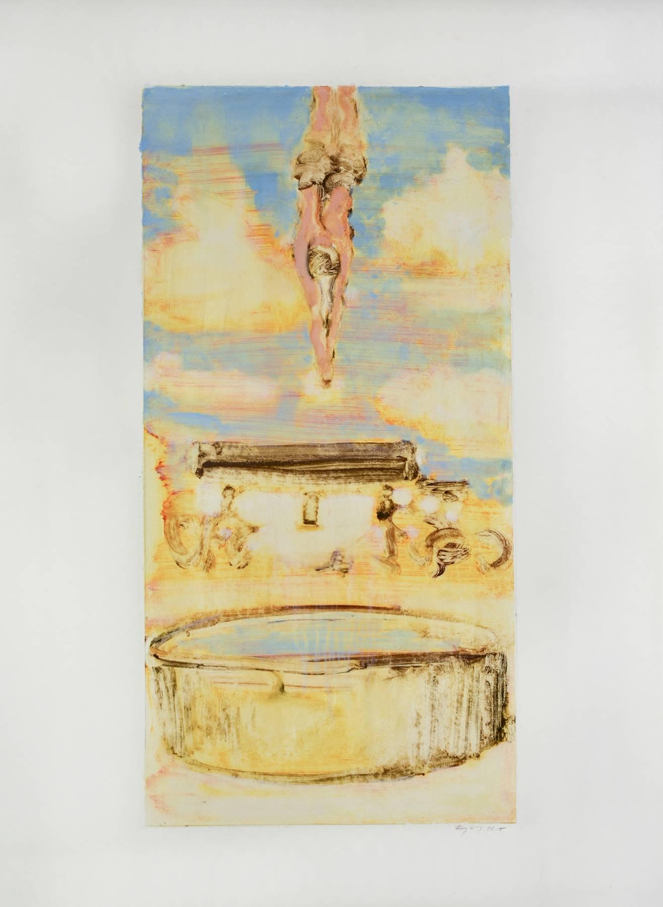 Diver: Abstracted Figurative Print, Swimmer in a Blue, Yellow, & Pink Landscape  - Beige Landscape Print by David Konigsberg