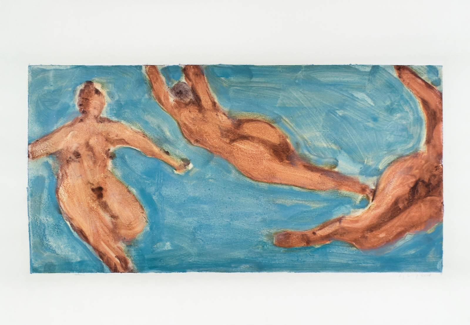 Swimmers (Abstracted Figurative Monotype of Nude Women in Aqua Blue Water) - Print by David Konigsberg