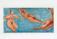 Swimmers (Abstracted Figurative Monotype of Nude Women in Aqua Blue Water)