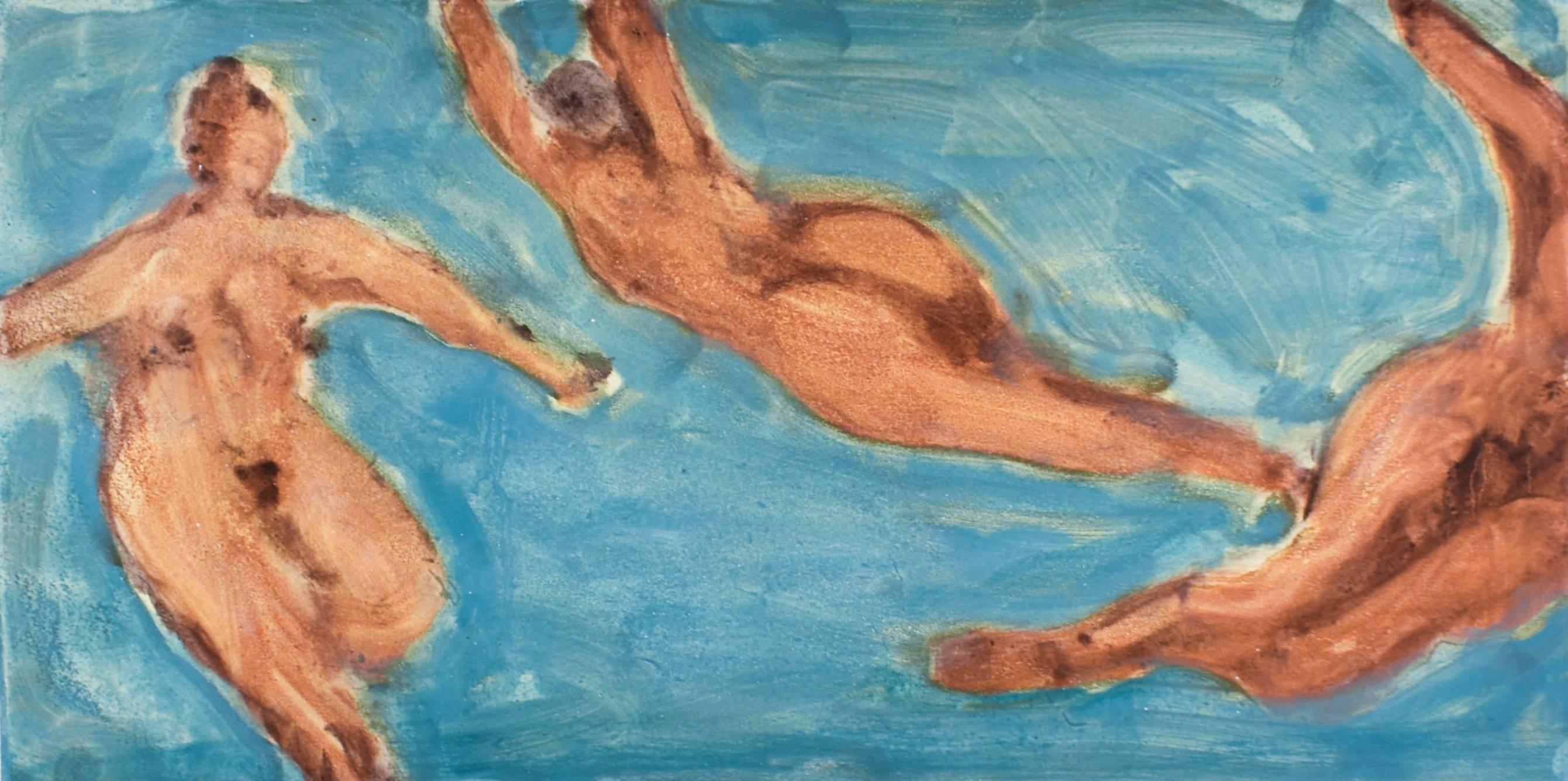 Swimmers (Abstracted Figurative Monotype of Nude Women in Aqua Blue Water)