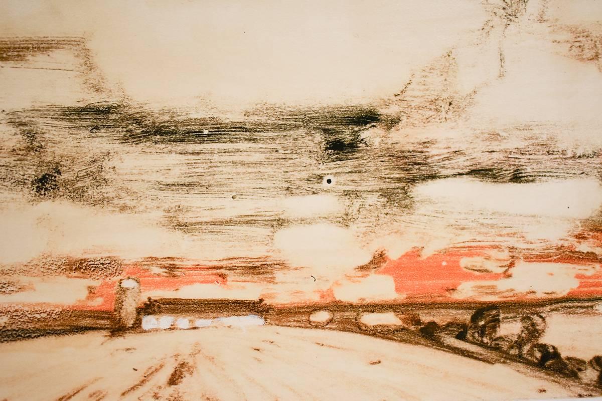 Barrido por el viento (Impresión de paisaje abstracto de una granja rural en beige, naranja y marrón) - Print Moderno de David Konigsberg