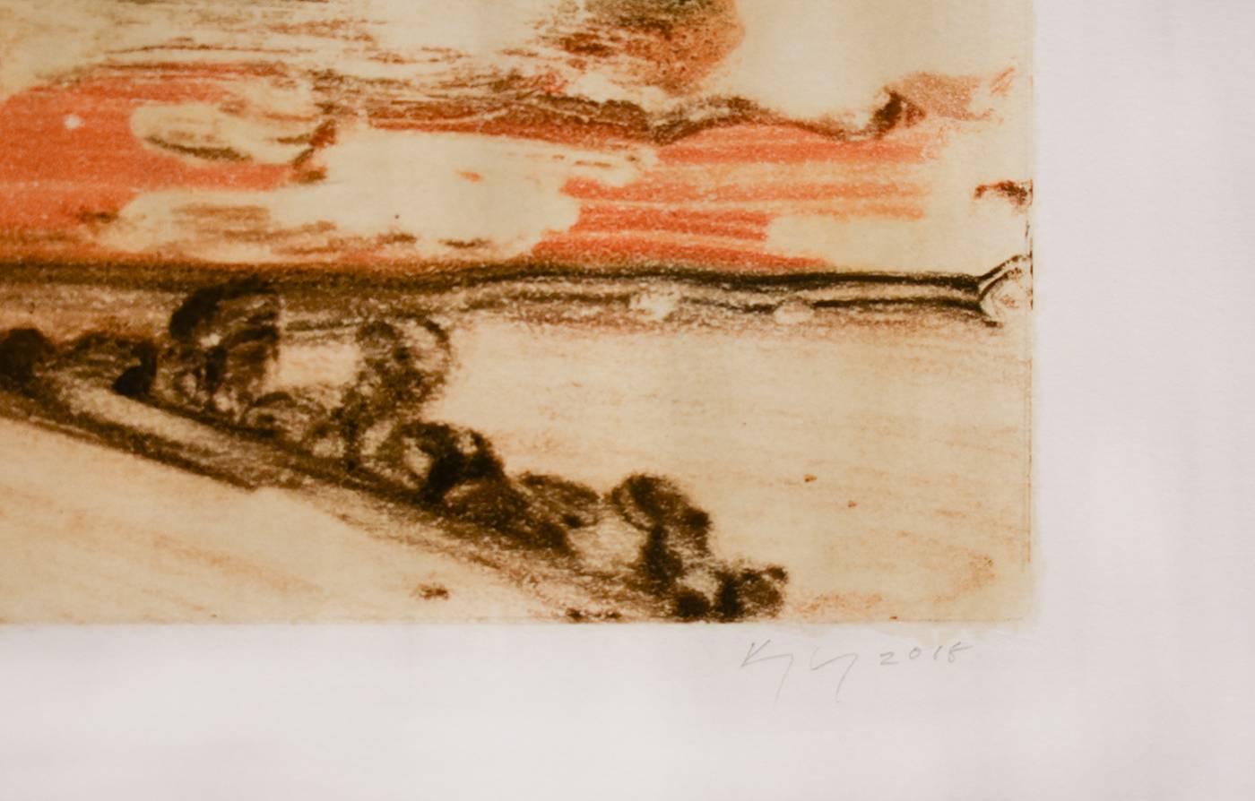 Barrido por el viento (Impresión de paisaje abstracto de una granja rural en beige, naranja y marrón) - Abstract Print Beige de David Konigsberg