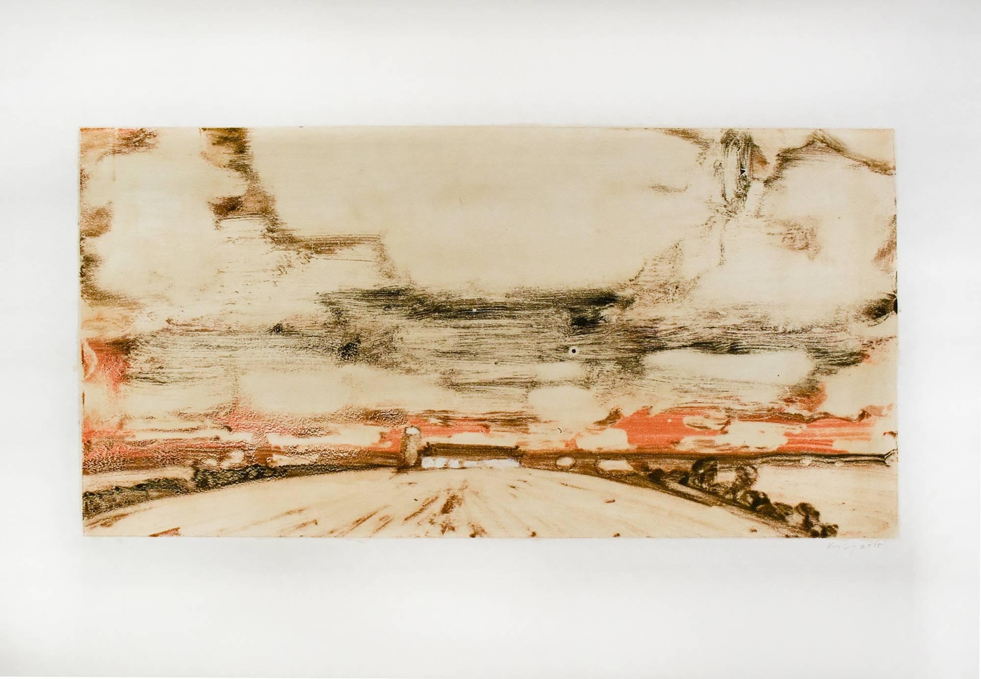 Barrido por el viento (Impresión de paisaje abstracto de una granja rural en beige, naranja y marrón) - Print de David Konigsberg