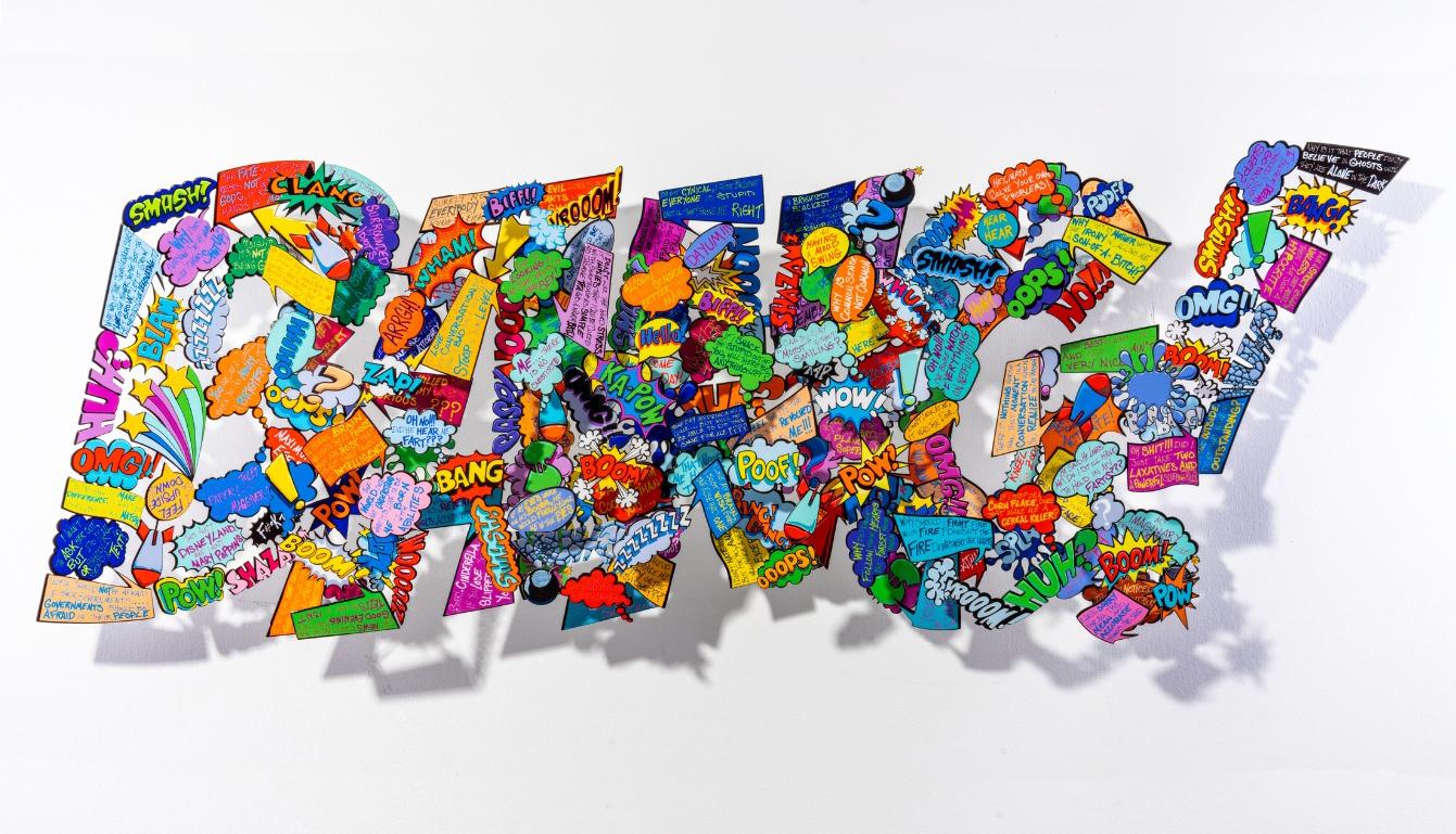 David Kracov Figurative Sculpture - Big Bang! (huge hand signed 3D metal wall sculpture)