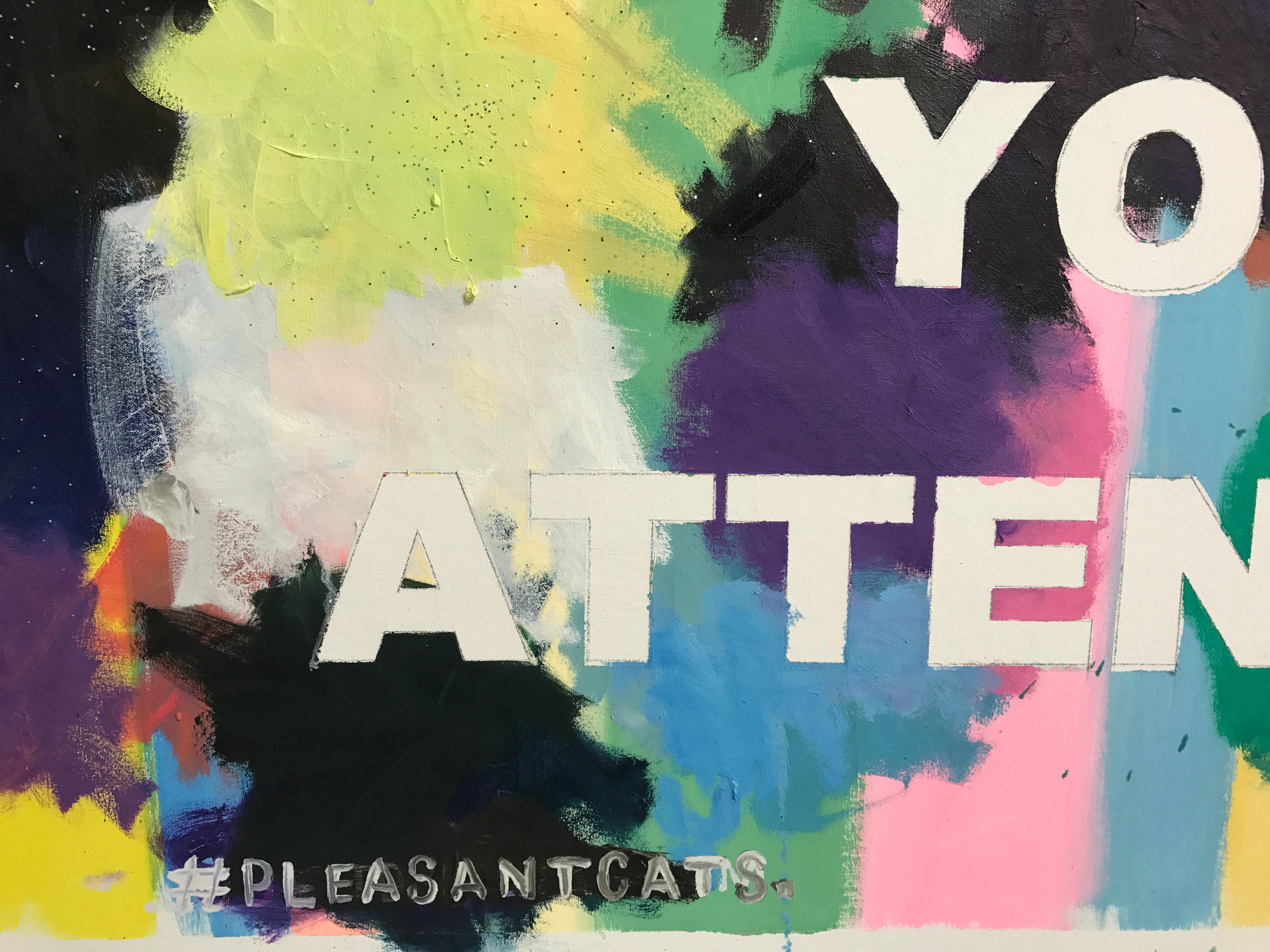 Dieses konzeptionelle, textbasierte Gemälde des New Yorker Künstlers David Kramer besteht aus gestischen Farbflecken auf einem kontrollierten, pastellfarbenen Streifengrund.  Der fettgedruckte Text lautet: 