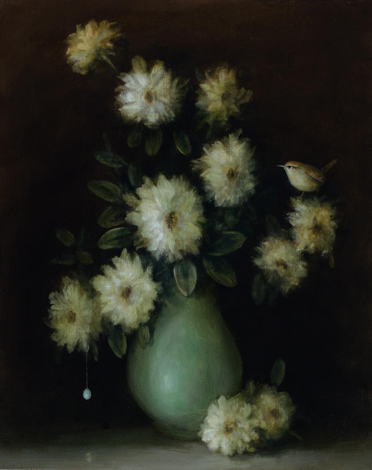 "Floral Still Life (Wren and Vase)" still life oil painting with flowers, bird