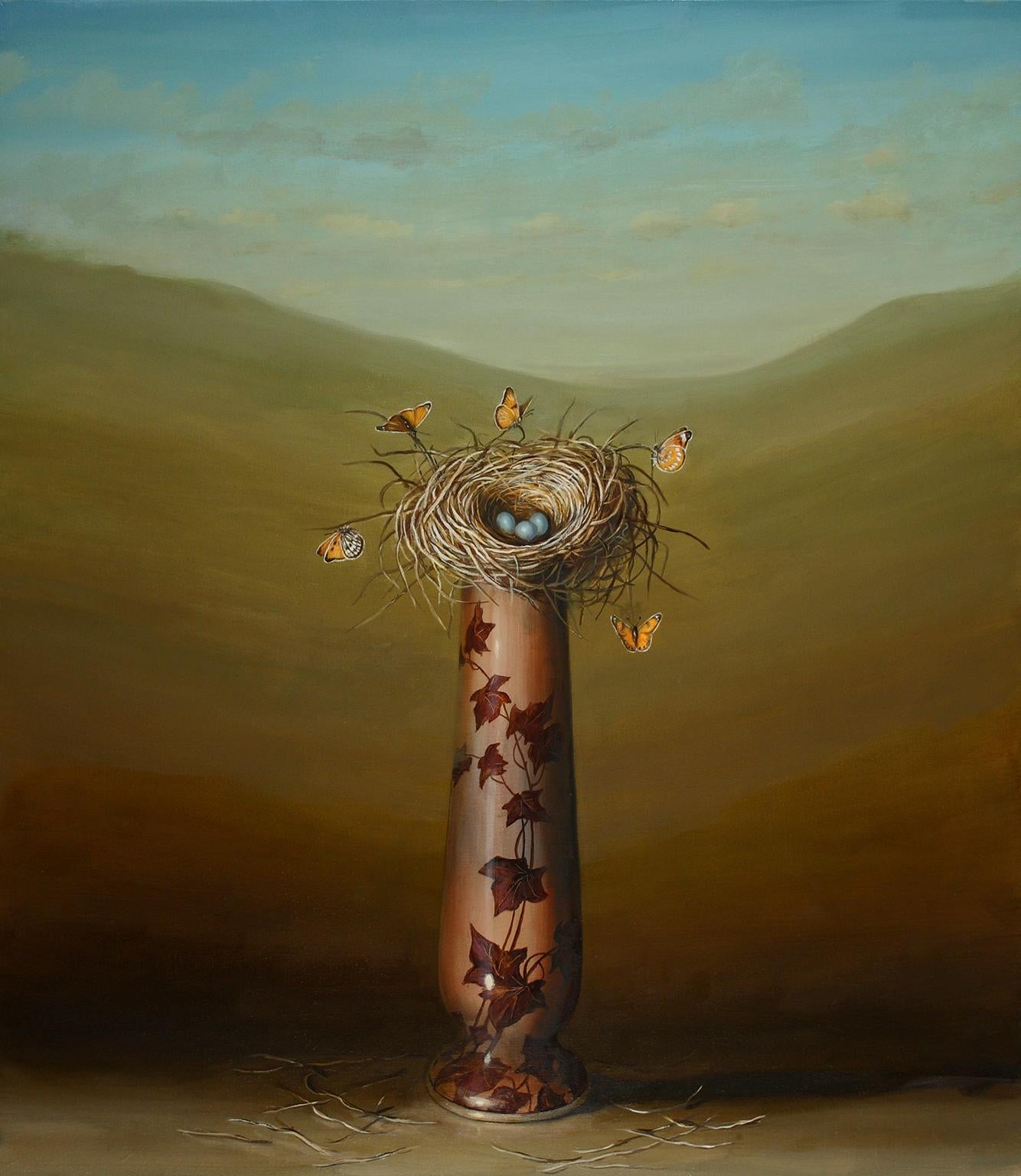 "Vase and Nest" oil on linen painting with vase and nest and butterflies