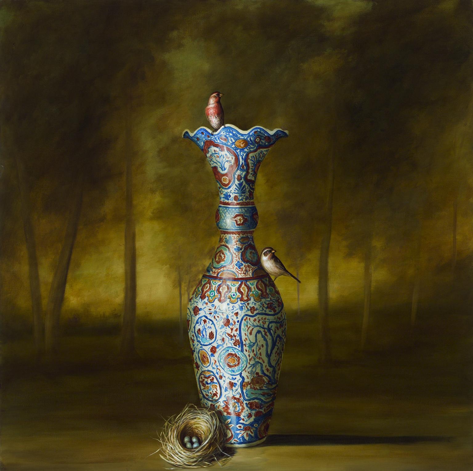 David Kroll Landscape Painting - "Vase and Nest" still life painting vase birds trees nest landscape