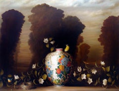 nature morte vase fleurs d'oiseau, nid et vigne fleurie