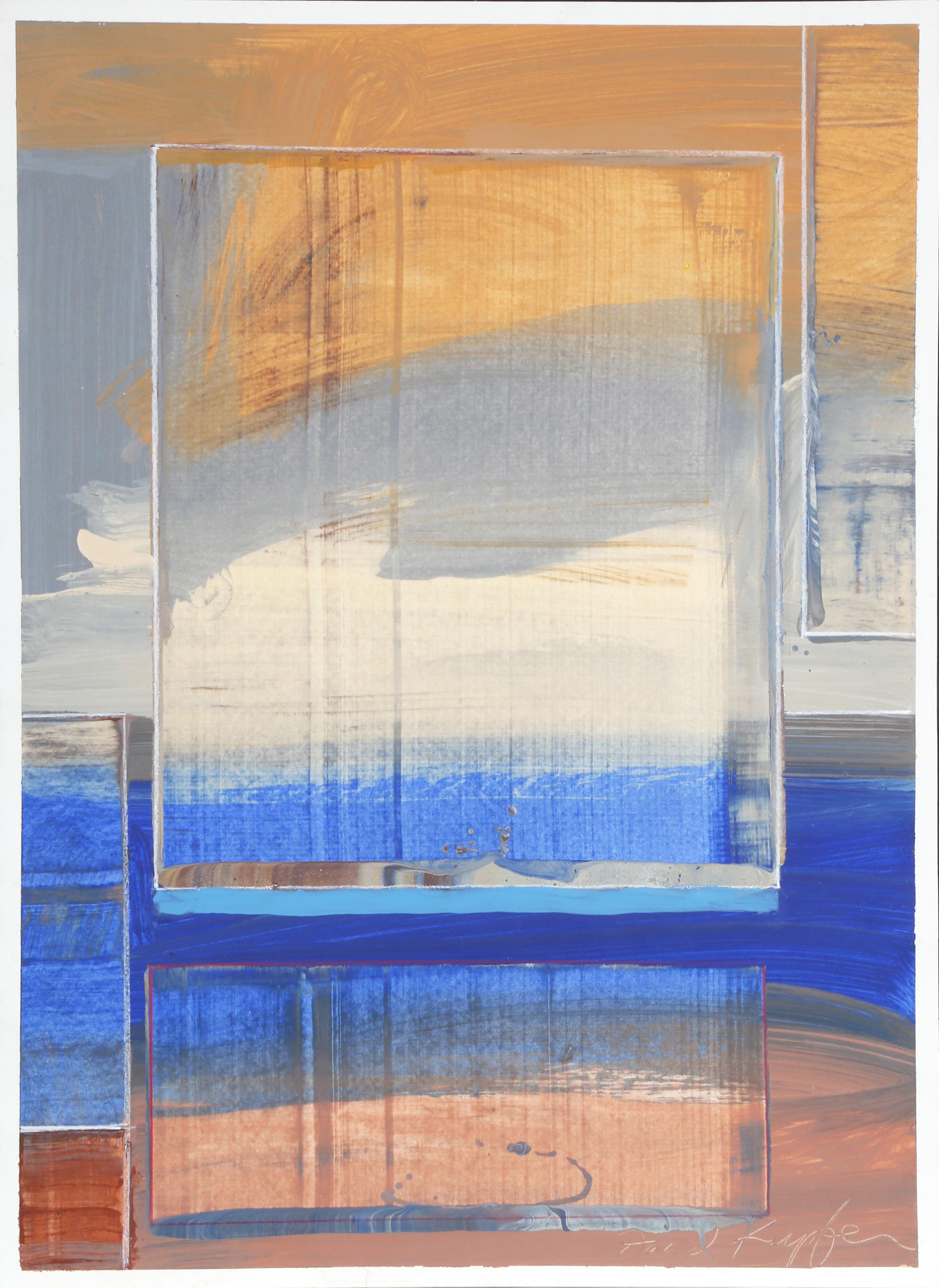 An abstract acrylic on paper painting that is reminiscent of an open window looking out onto a sunny ocean. Above, clouds lit white by the sun float by softly. This unique piece by David Kupferman is signed and titled on the verso in pencil.

Sea