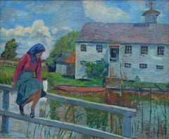 Quiet Afternoon in Cotswold Village - Mid Century Figurative Landscape