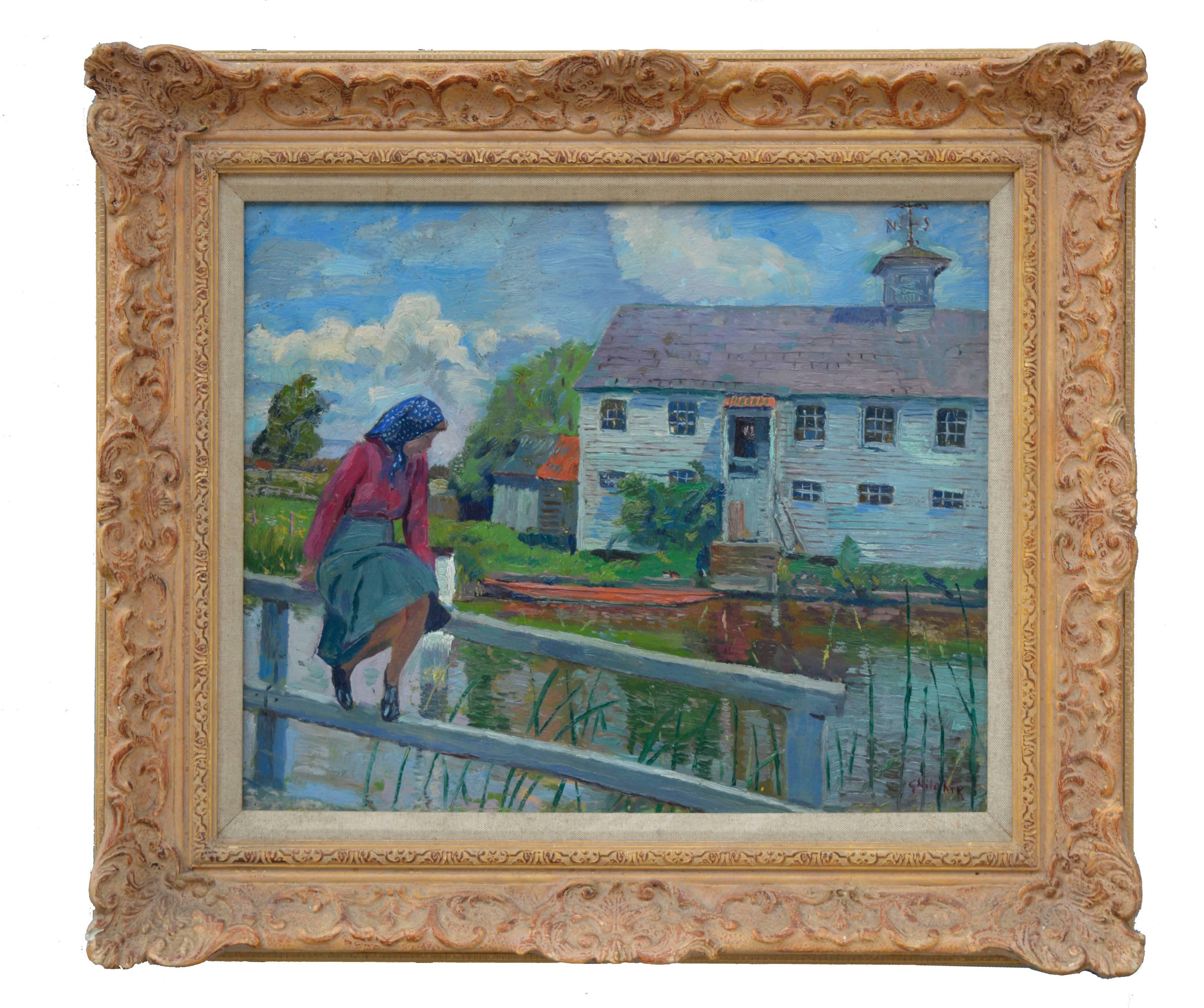 David L. Ghilchik Landscape Painting - Quiet Afternoon in Cotswold Village - Mid Century Figurative Landscape