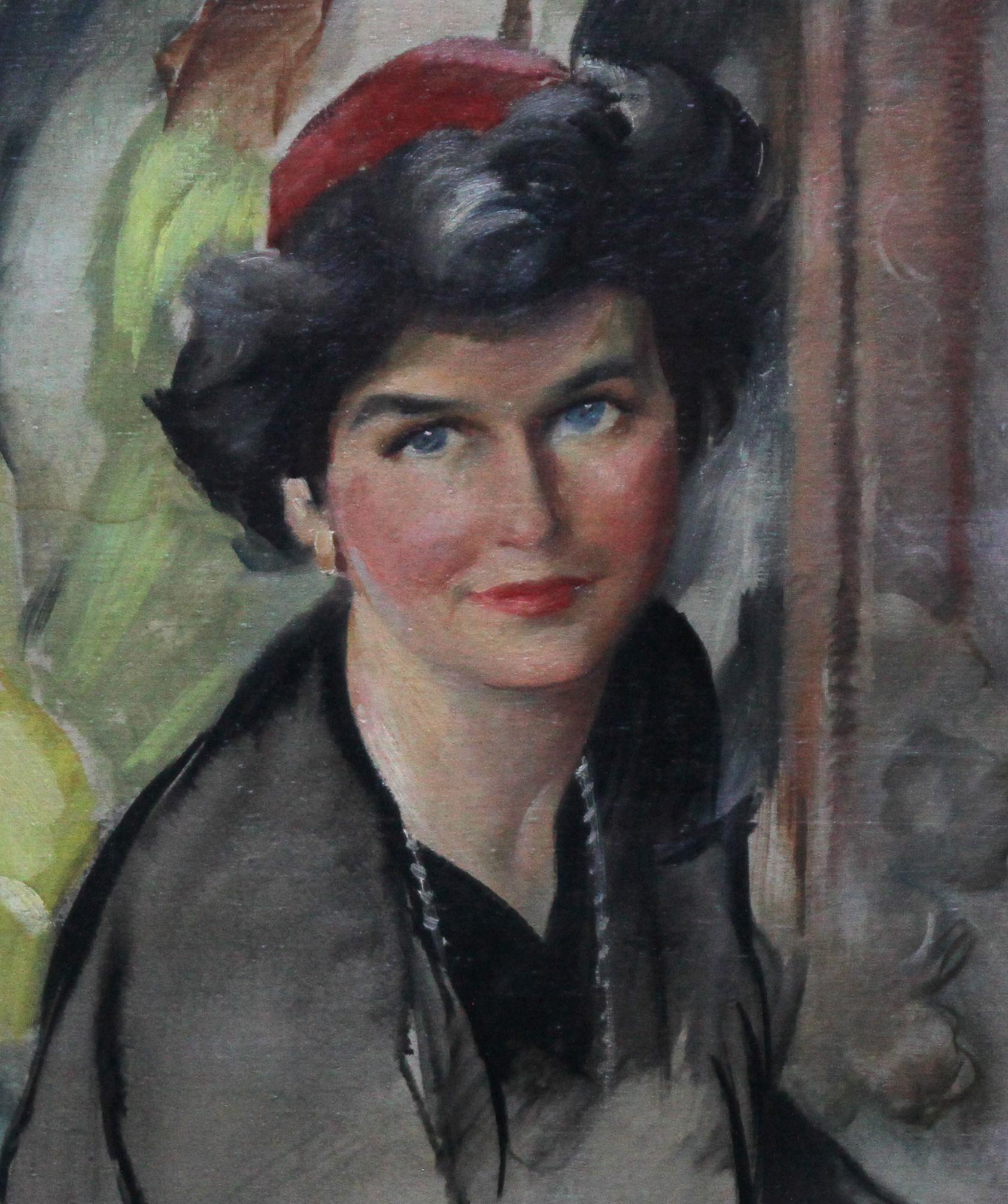 Porträt einer Frau mit rotem Hut – amerikanisches postimpressionistisches Ölgemälde aus den 50er Jahren  (Post-Impressionismus), Painting, von David L Swasey