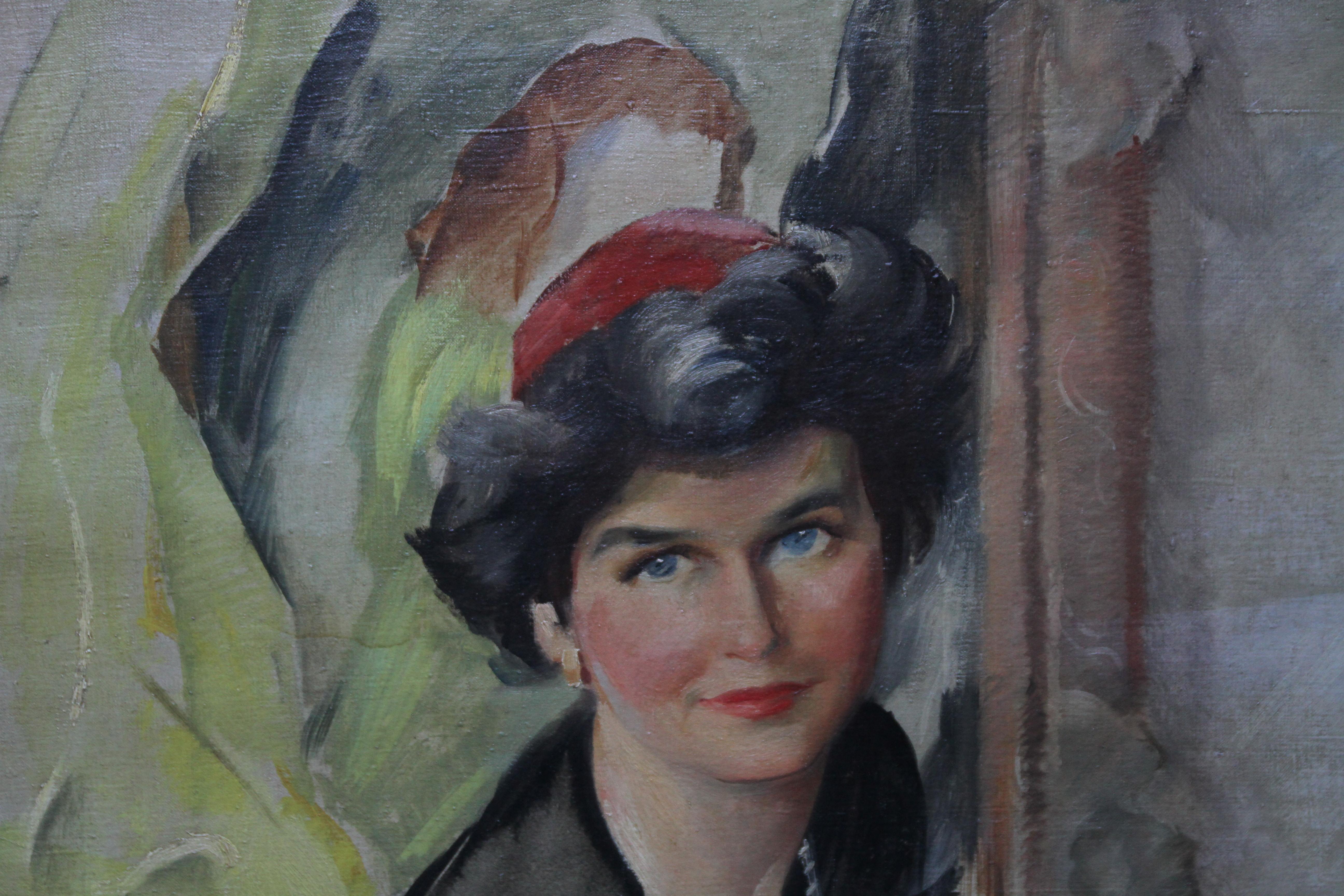 Dieses fesselnde post-impressionistische Porträt stammt von dem amerikanischen Künstler David L. Swasey, ca. 1953. Das Gemälde zeigt eine sitzende Frau, die den Künstler mit strahlend blauen Augen anschaut. Mit sehr flüssiger postimpressionistischer