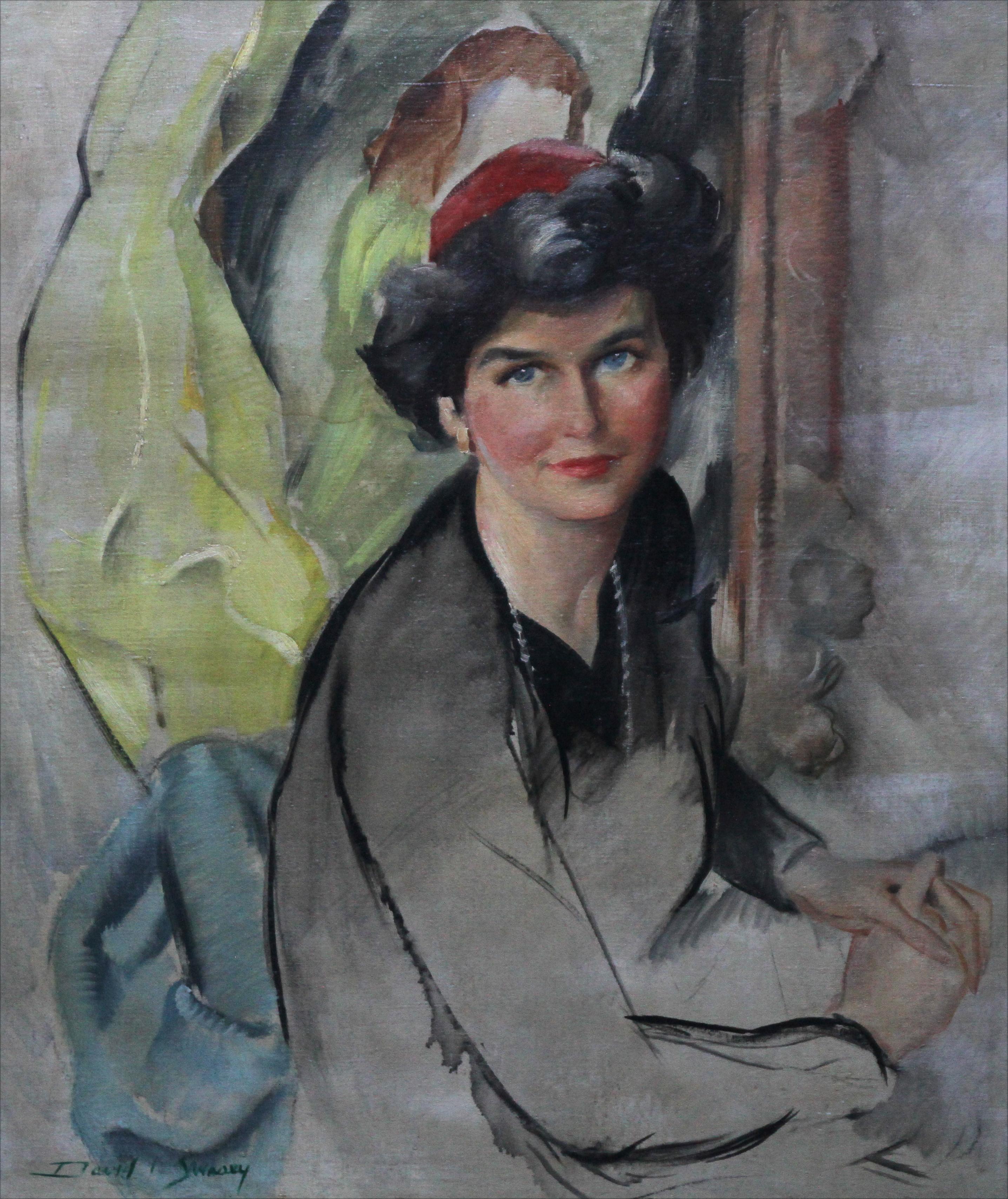 Porträt einer Frau mit rotem Hut – amerikanisches postimpressionistisches Ölgemälde aus den 50er Jahren  im Angebot 3