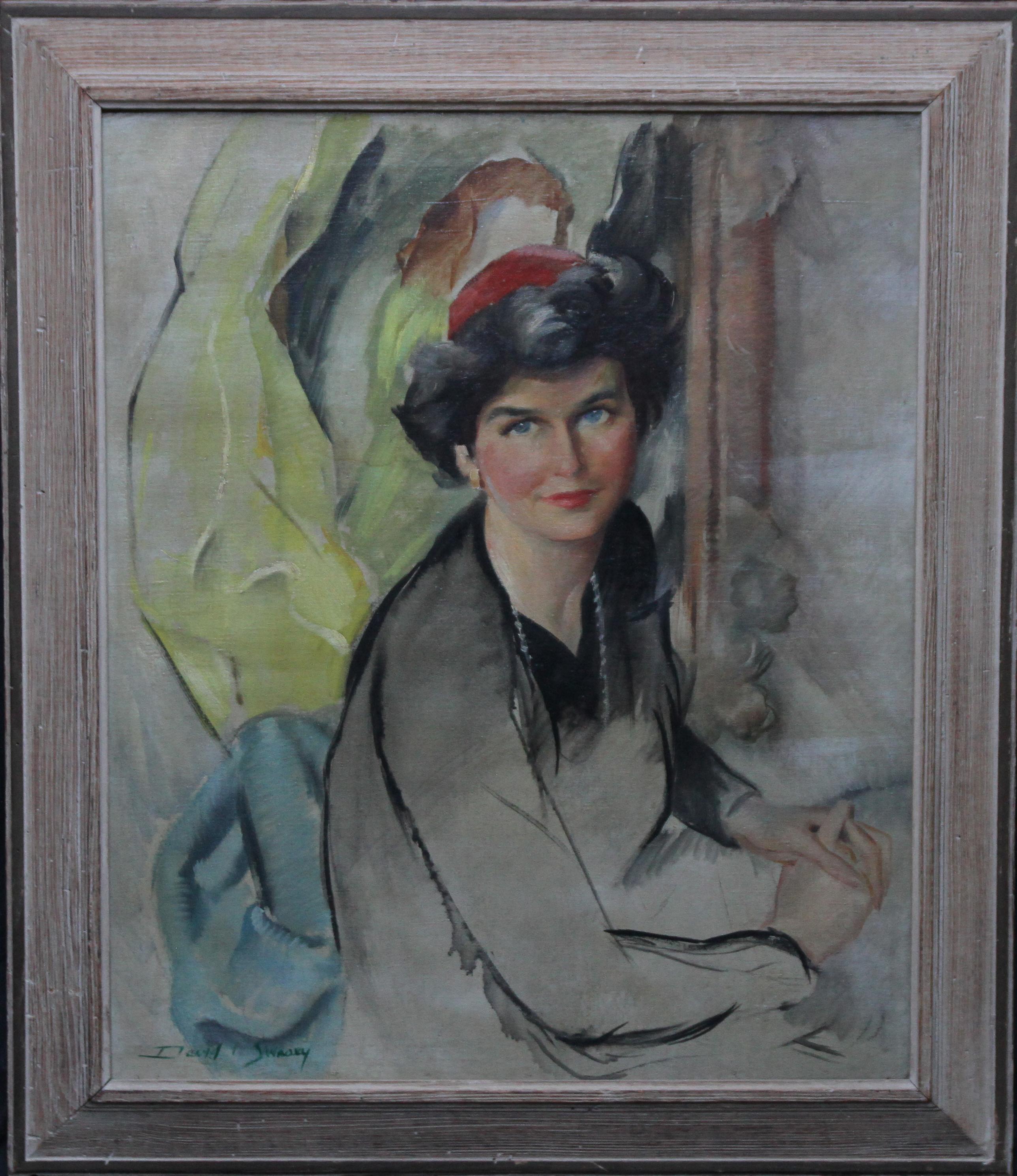 David L Swasey Interior Painting – Porträt einer Frau mit rotem Hut – amerikanisches postimpressionistisches Ölgemälde aus den 50er Jahren 