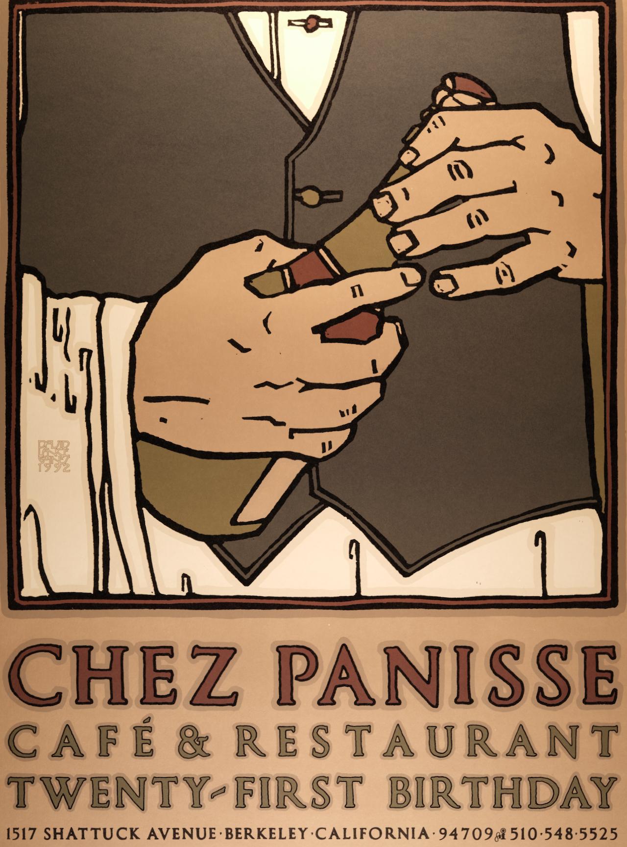 Chez Panisse 21. Geburtstagsfeier: Limitierte Auflage. Goines Grafik-Kunstplakat – Print von David Lance Goines