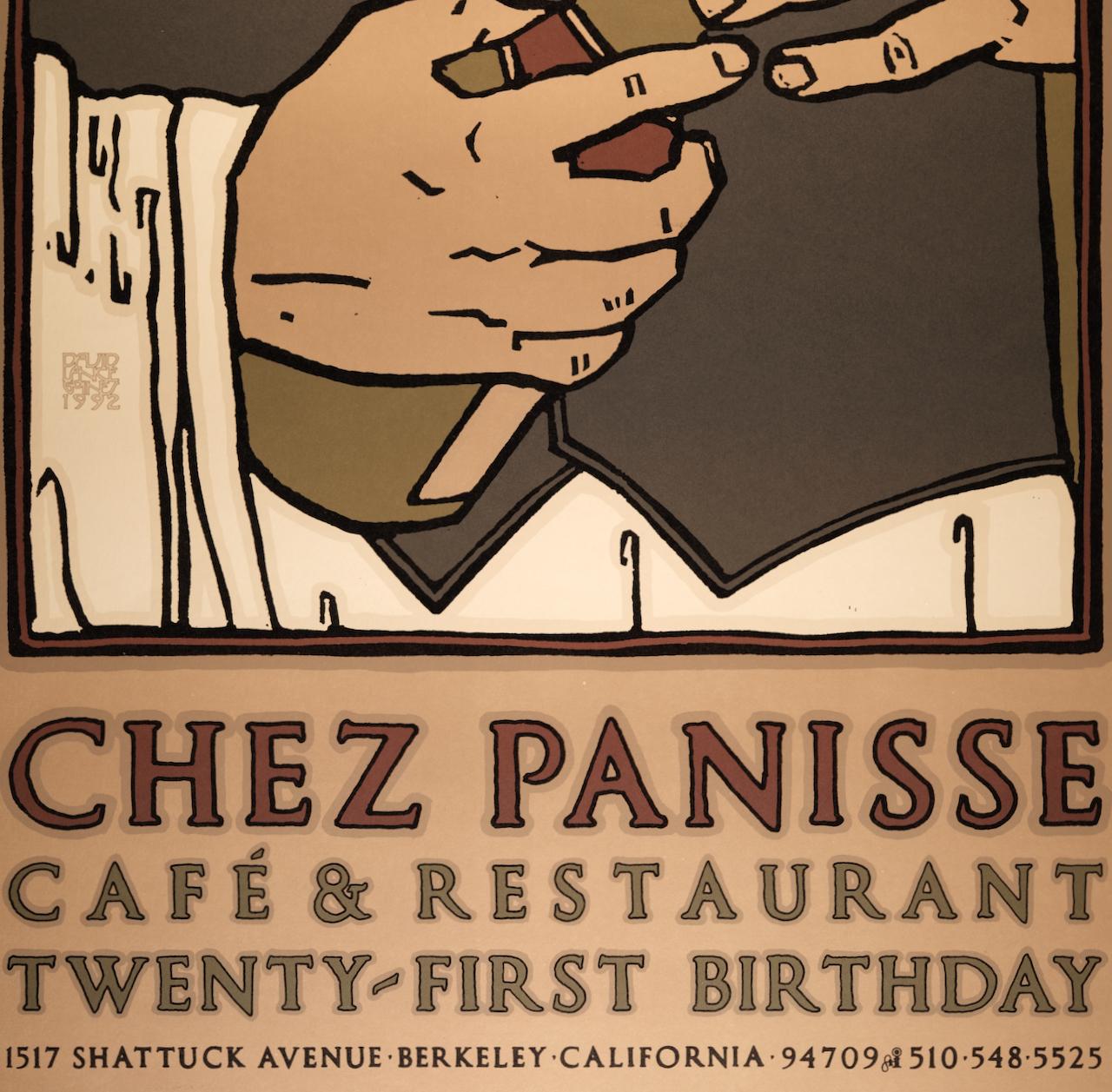 Célébration du 21e anniversaire de Chez Panisse : édition limitée Affiche graphique d'art de Goines - Marron Portrait Print par David Lance Goines
