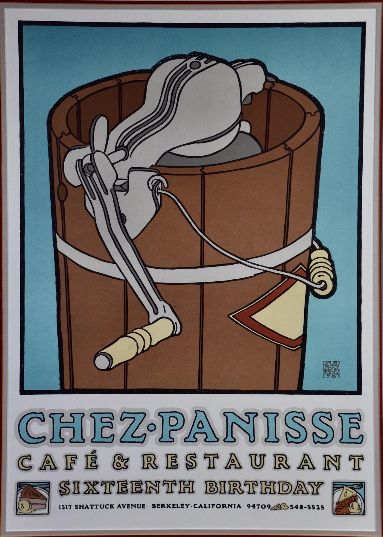 Celebración de cumpleaños del restaurante Chez Panisse: Cartel original de arte gráfico de Goines - Print de David Lance Goines
