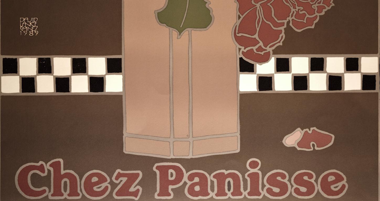 Chez Panisse Restaurant Geburtstagsfeier: Original Gänseblümchen Grafik-Kunstplakat (Braun), Interior Print, von David Lance Goines