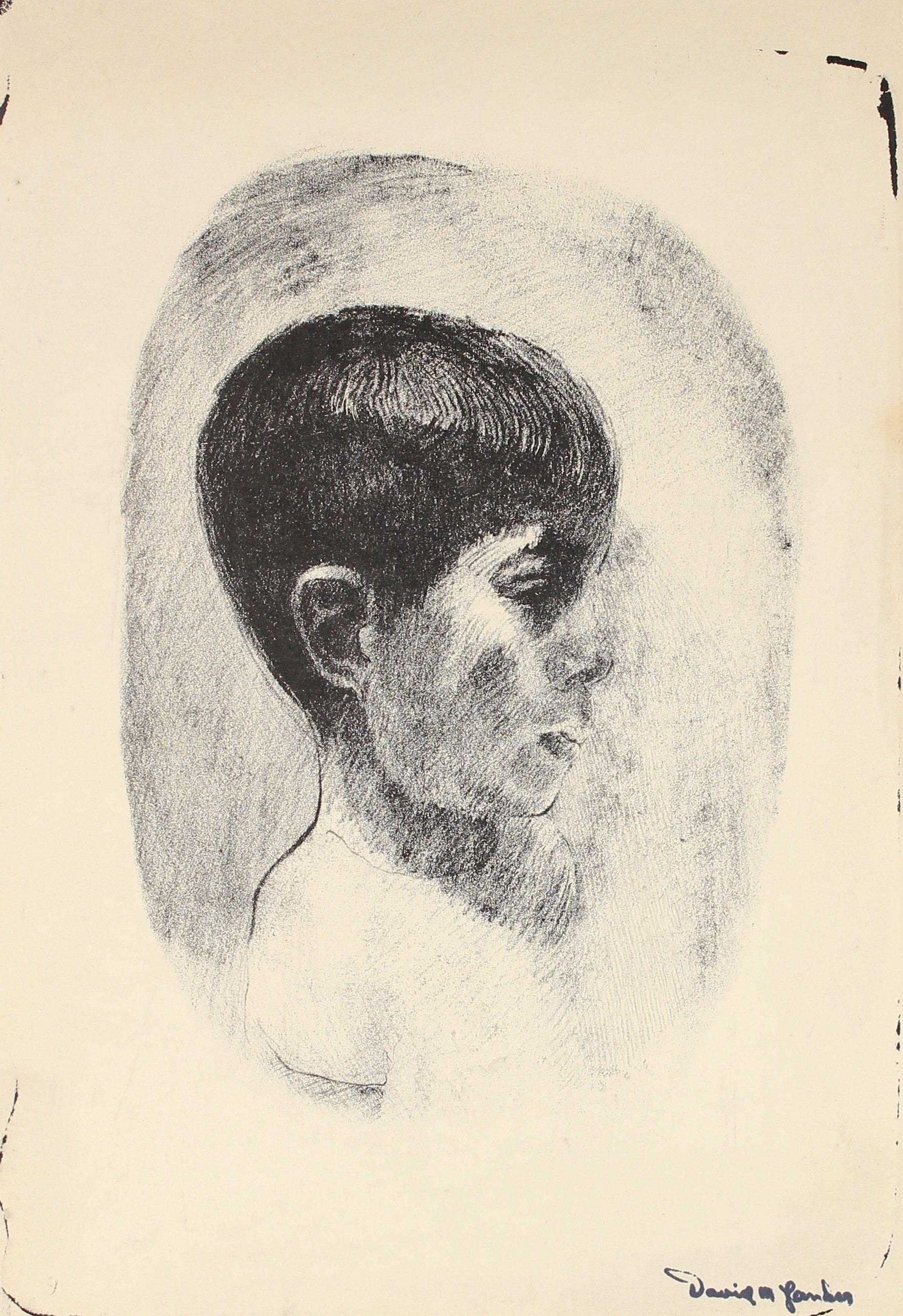 Monochromatic Stone Lithograph of a Boy Mid 20th Century