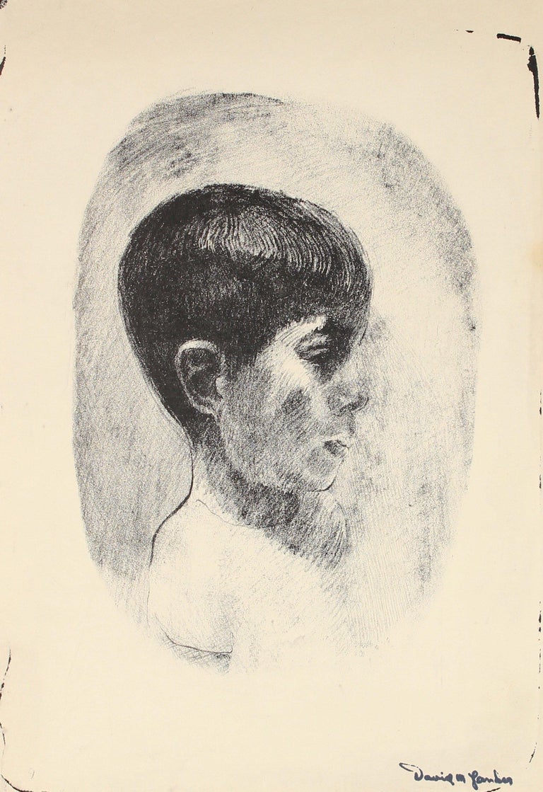 David Landis Figurative Print - Monochromatic Stone Lithograph of a Boy Mid 20th Century