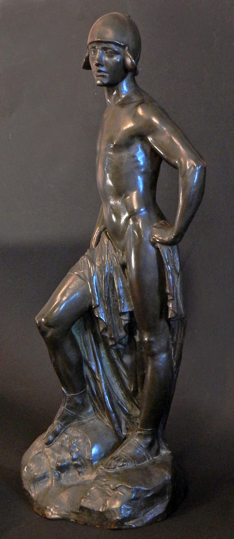 One of the most finely sculpted and executed bronzes we have ever offered, this 22-inch sculpture portrays David as a handsome, lithe young man, with a small stone in his hand, ready to hurl at Goliath. David is an enormously attractive figure, but