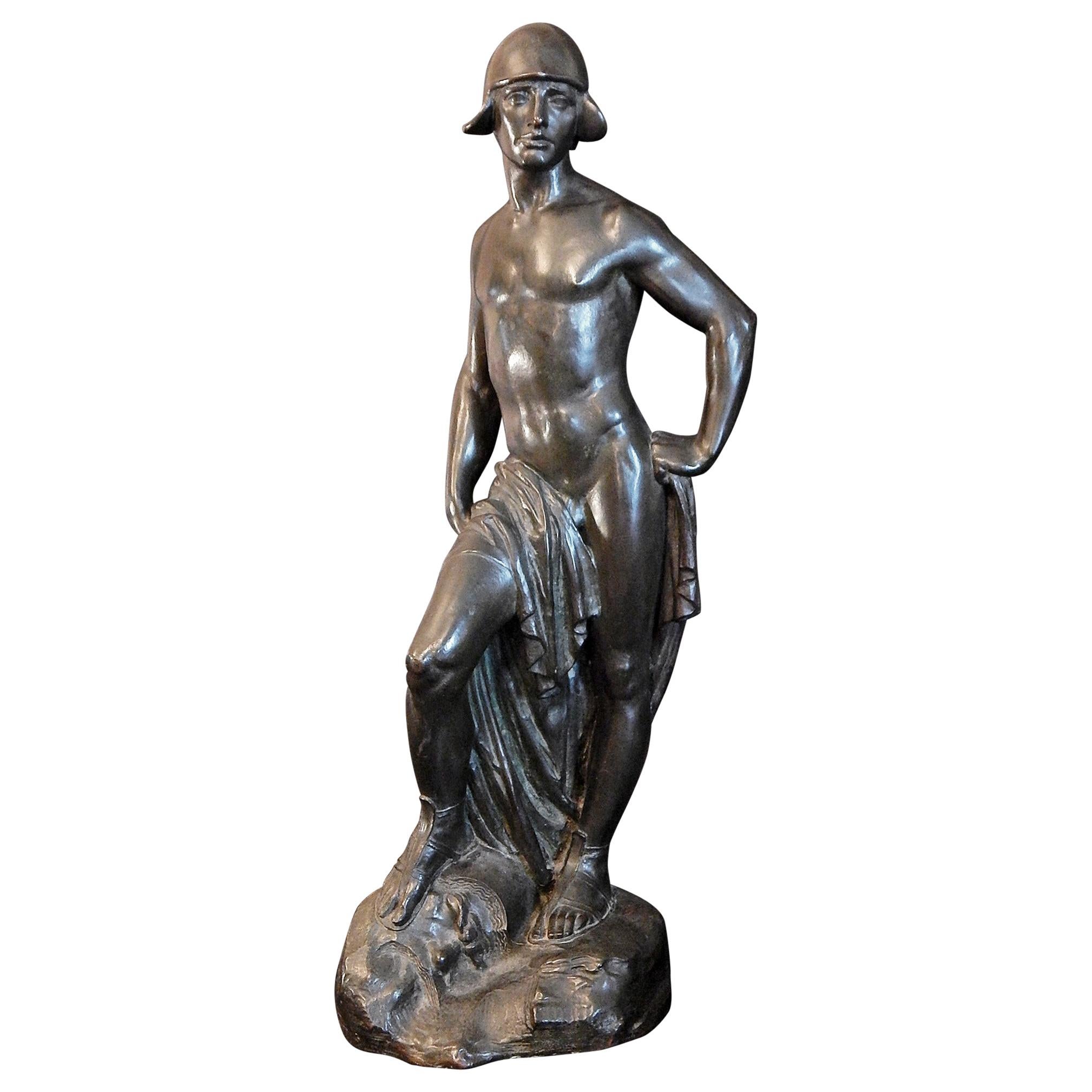 "David," Large, Superb Bronze with Half-Nude Male Figure by Atkins
