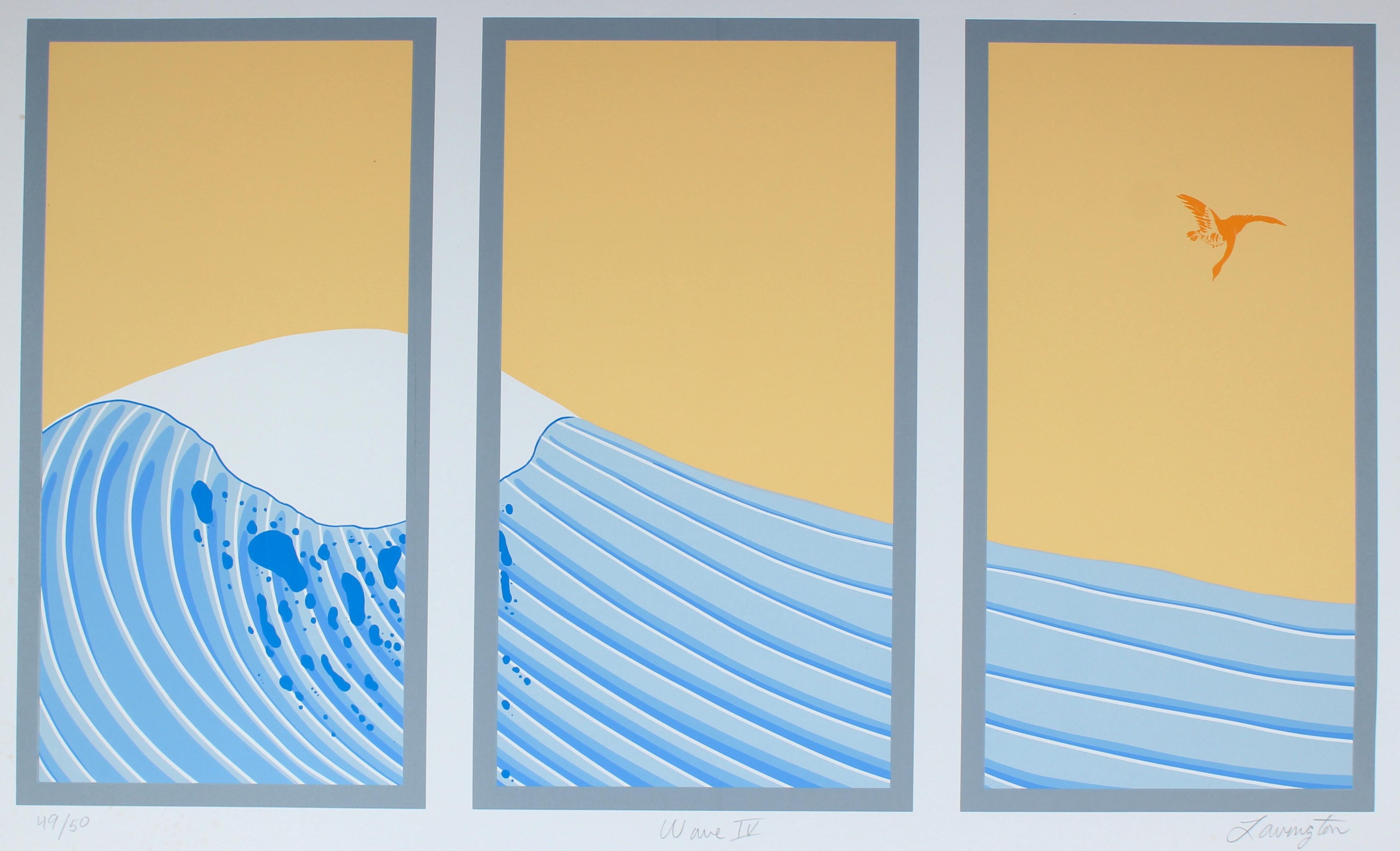 David Lavington Landscape Print - "Wave IV" Silkscreen Print in Blue and Yellow with an Asian Aesthetic 