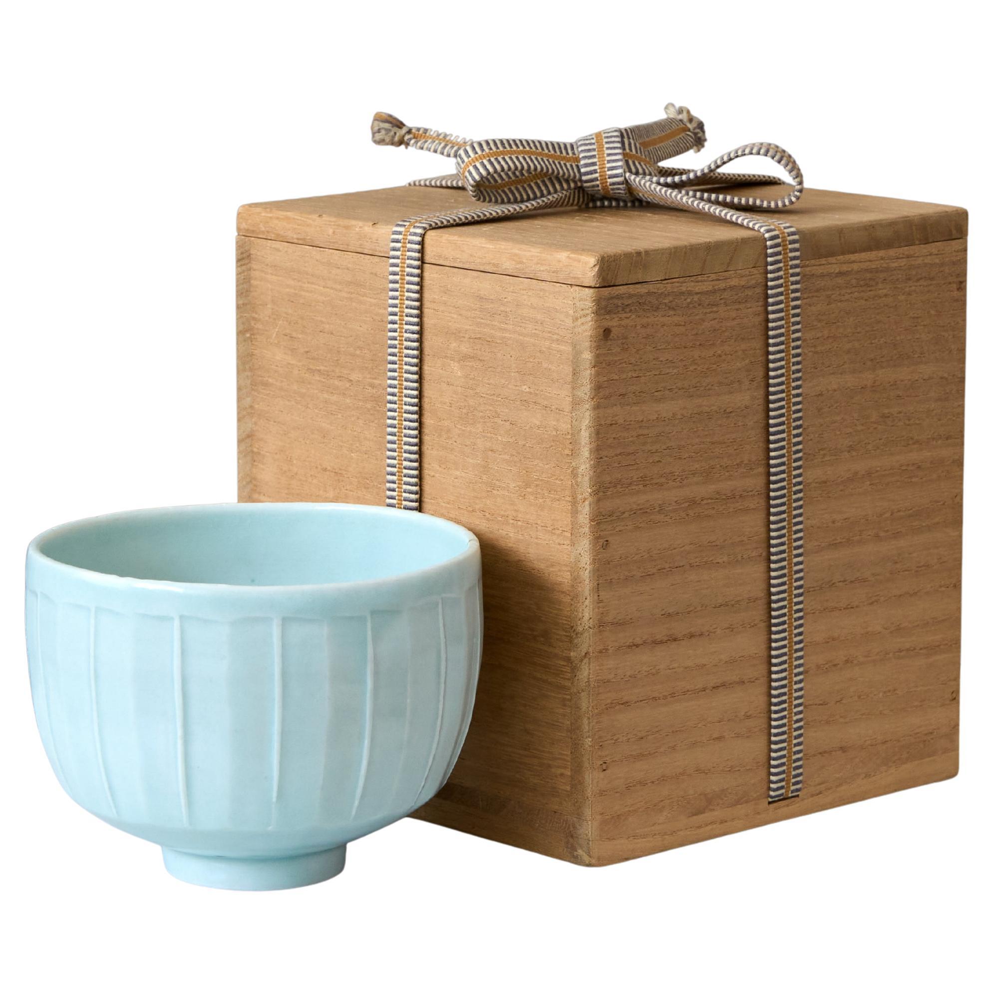 David Leach Studio Pottery Celadon Tea Bowl with Japanese Box, England, 1980s For Sale