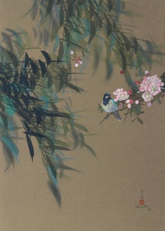 Uccello sull'albero (14), litografia impressionista di David Lee