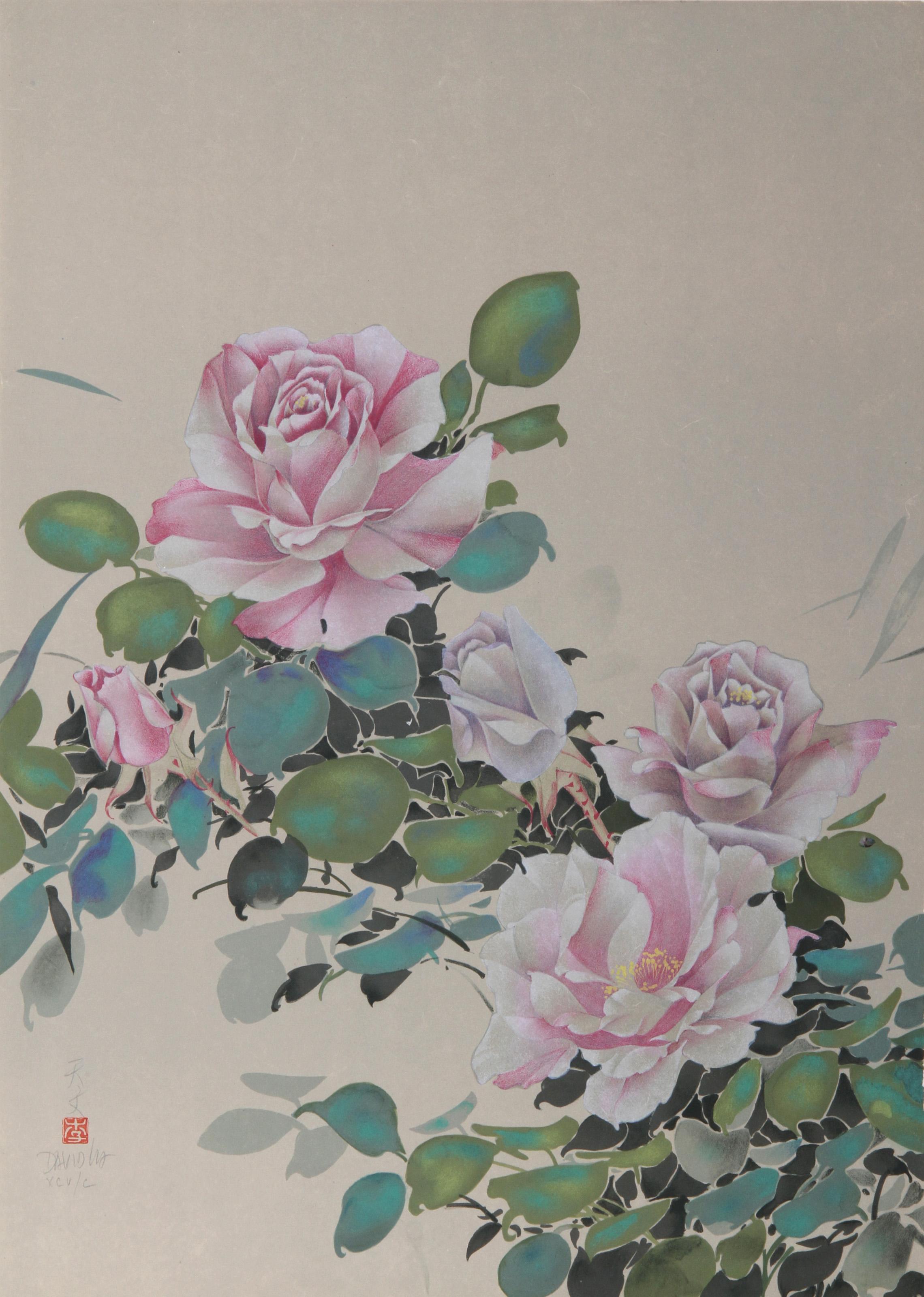 Roses roses (8), lithographie impressionniste de David David