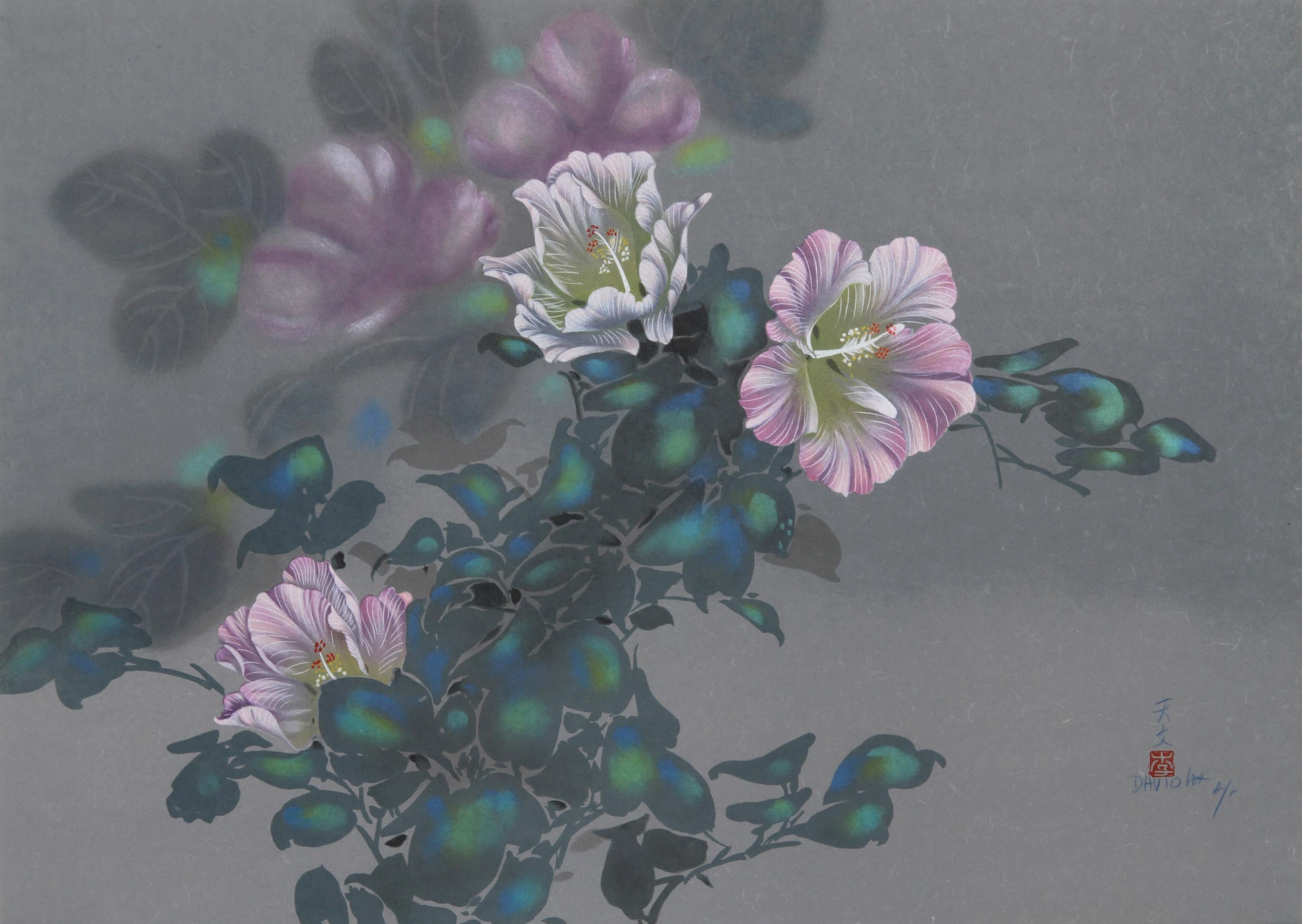Fleurs violettes (21), lithographie impressionniste de David David
