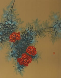 Fleurs rouges (3), lithographie impressionniste de David David