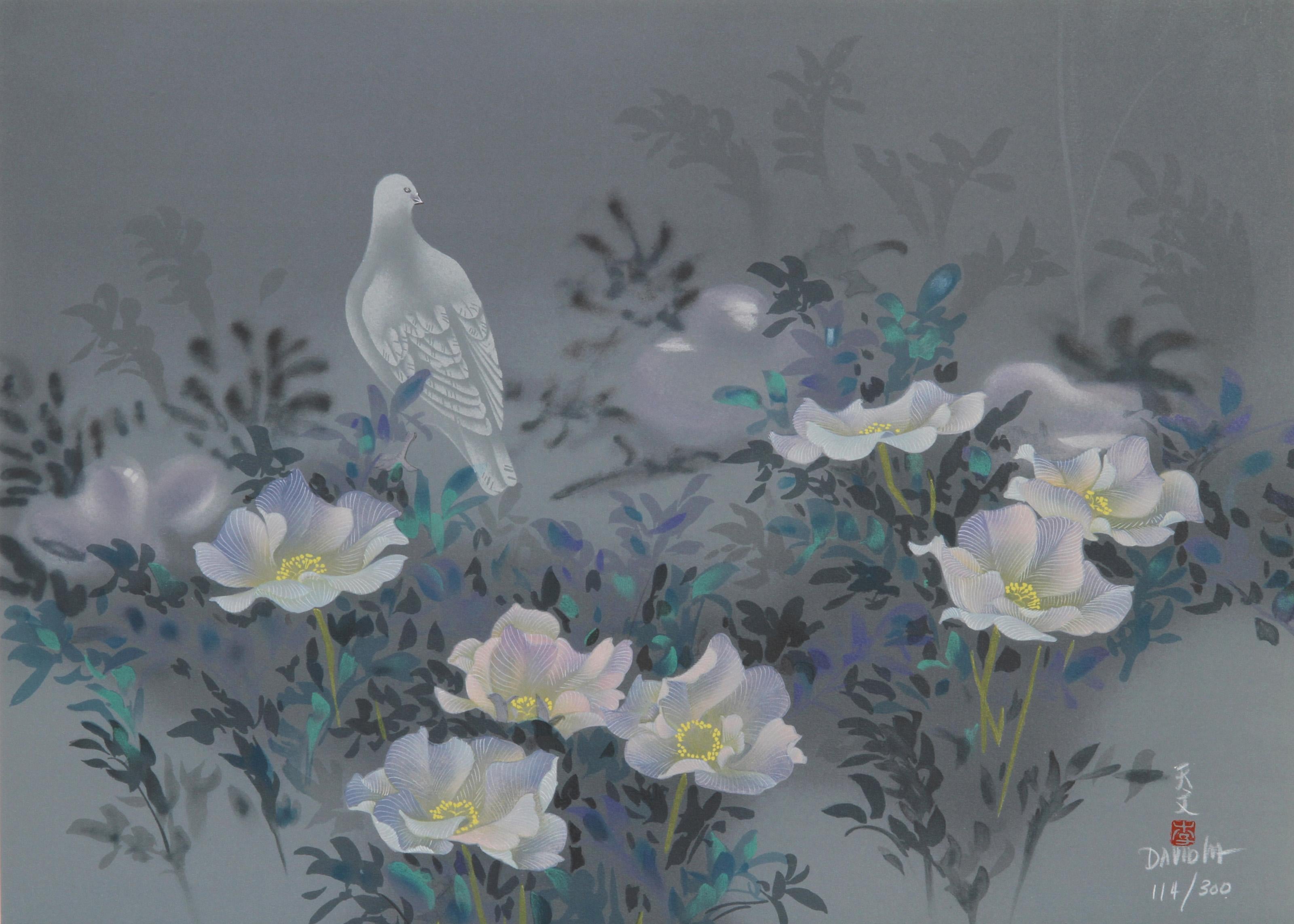 White Bird and Flowers (12), Impressionist Lithograph by David Lee